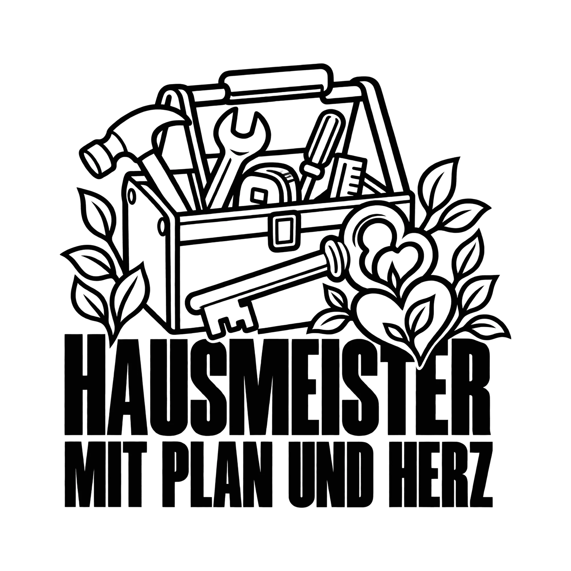 Bügelbild HAUSMEISTER MIT PLAN UND HERZ als Grafik auf weißem Hintergrund (BB013598)