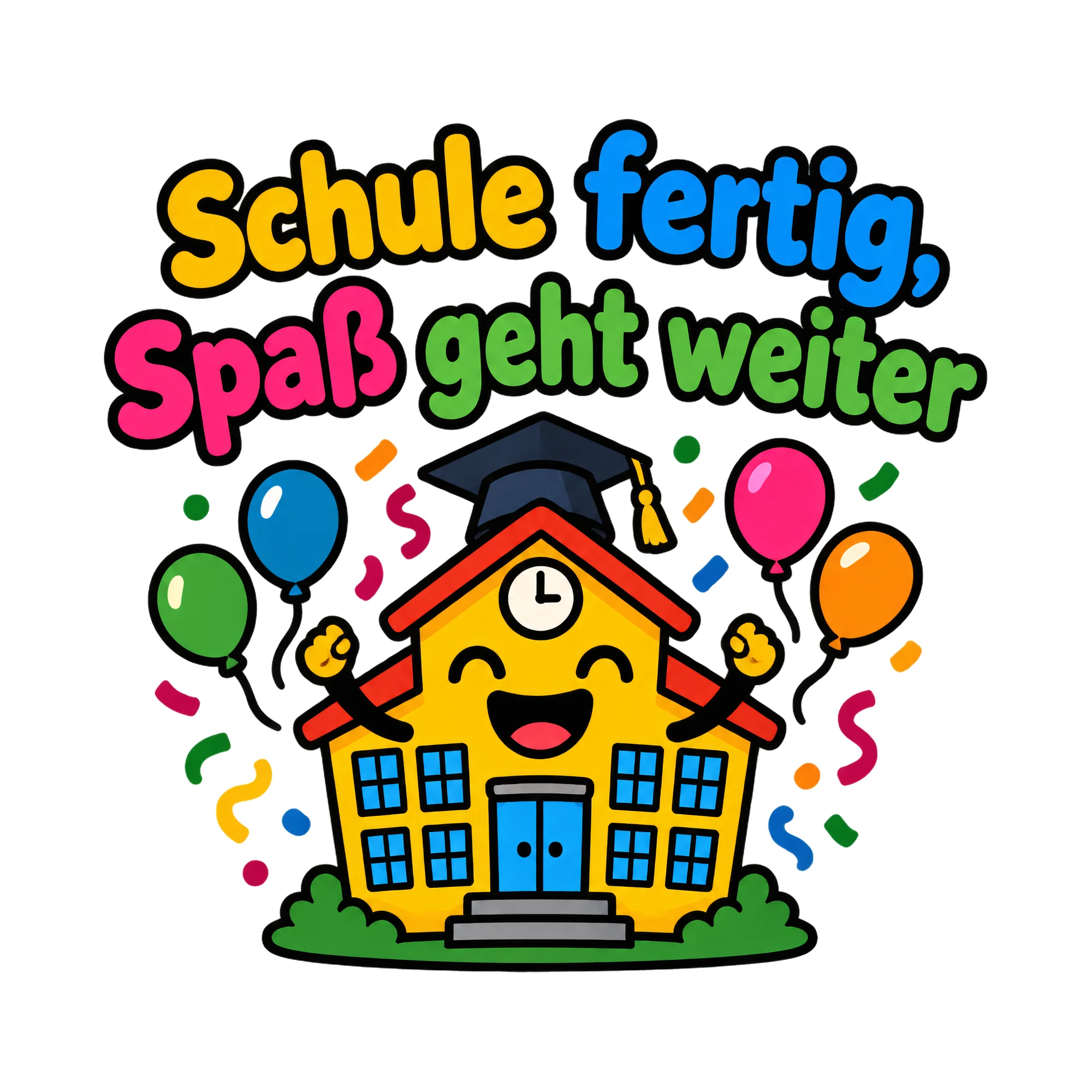 Bügelbild Schule fertig, Spaß geht weiter, Lustiger Shirt Spruch als Grafik auf weißem Hintergrund (BB020145)