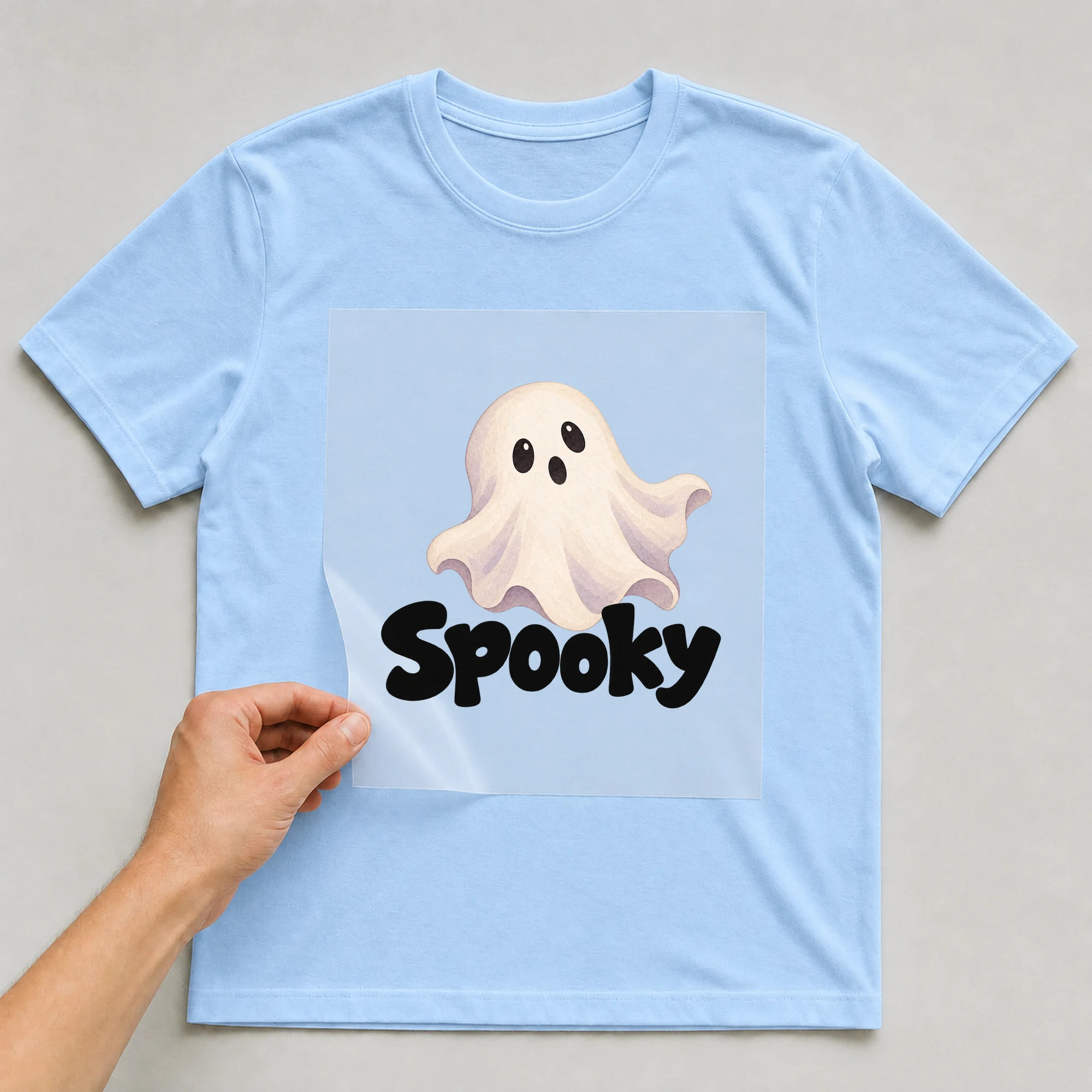 Bügelbild „Spooky“ auf babyblauem T-Shirt, Folie wird aufgelegt