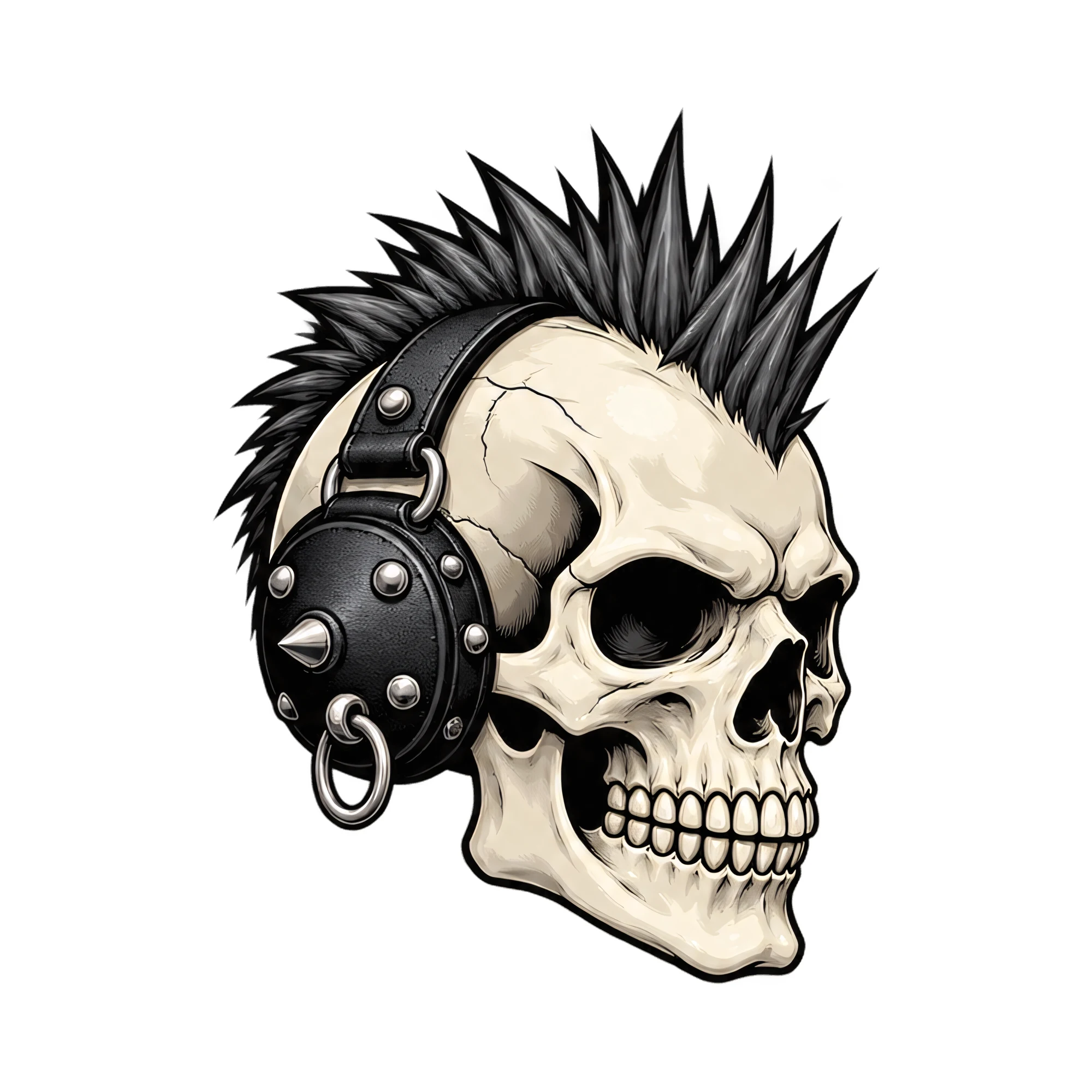 Bügelbild Punk-Totenkopf mit Irokese, Lustiger Shirt Motiv als Grafik auf weißem Hintergrund (BB017624)