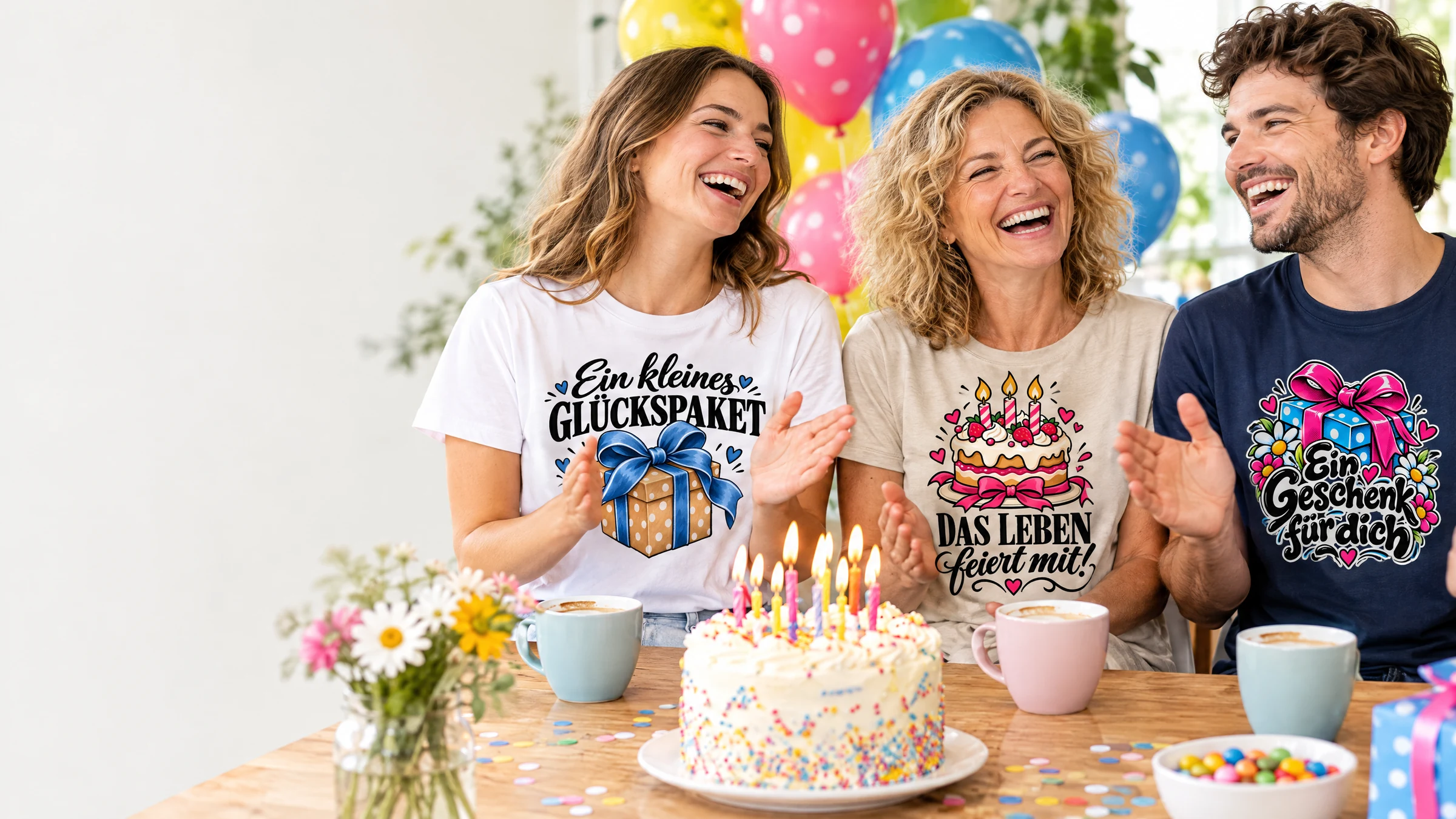 Geburtstag: Geburtstagsrunde mit den Bügelbild-Motiven Ein kleines Glückspaket, Das Leben feiert mit und Ein Geschenk für dich