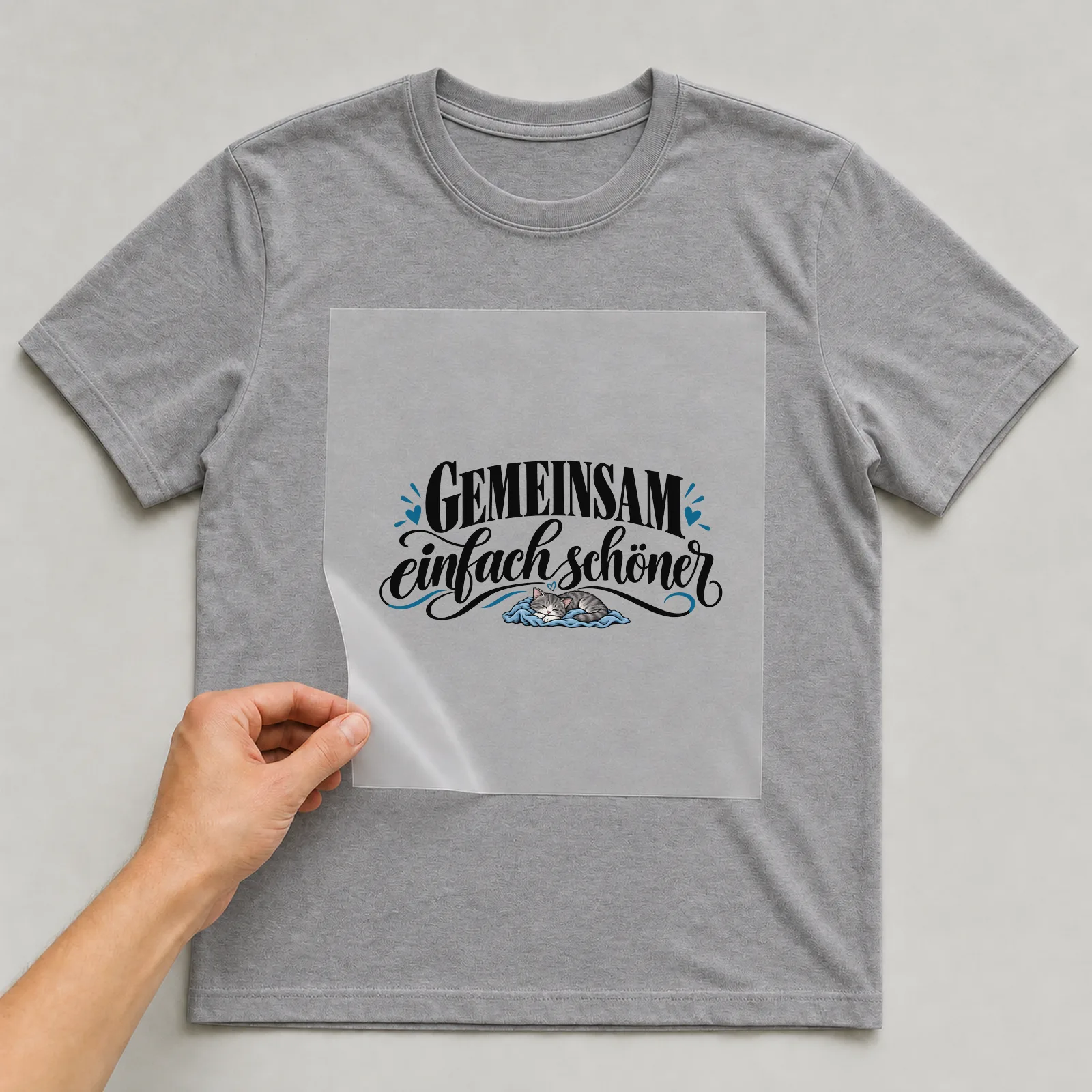 Bügelbild „Gemeinsam einfach schöner“ auf grauem T-Shirt, Folie wird aufgelegt