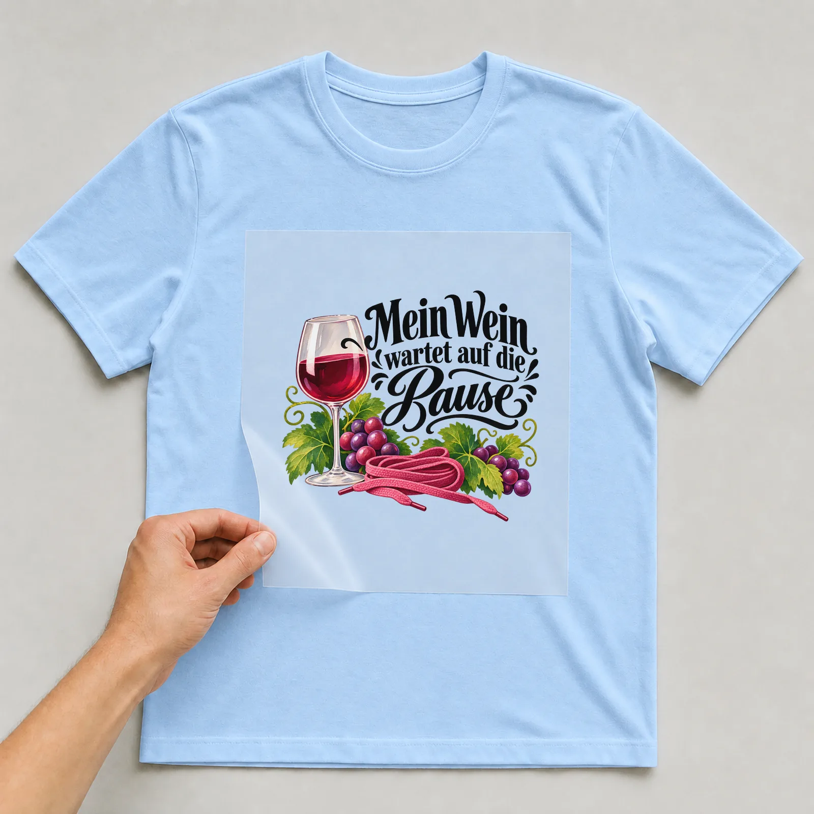 Bügelbild „Mein Wein wartet auf die Pause“ auf hellblauem T-Shirt, Folie wird aufgelegt