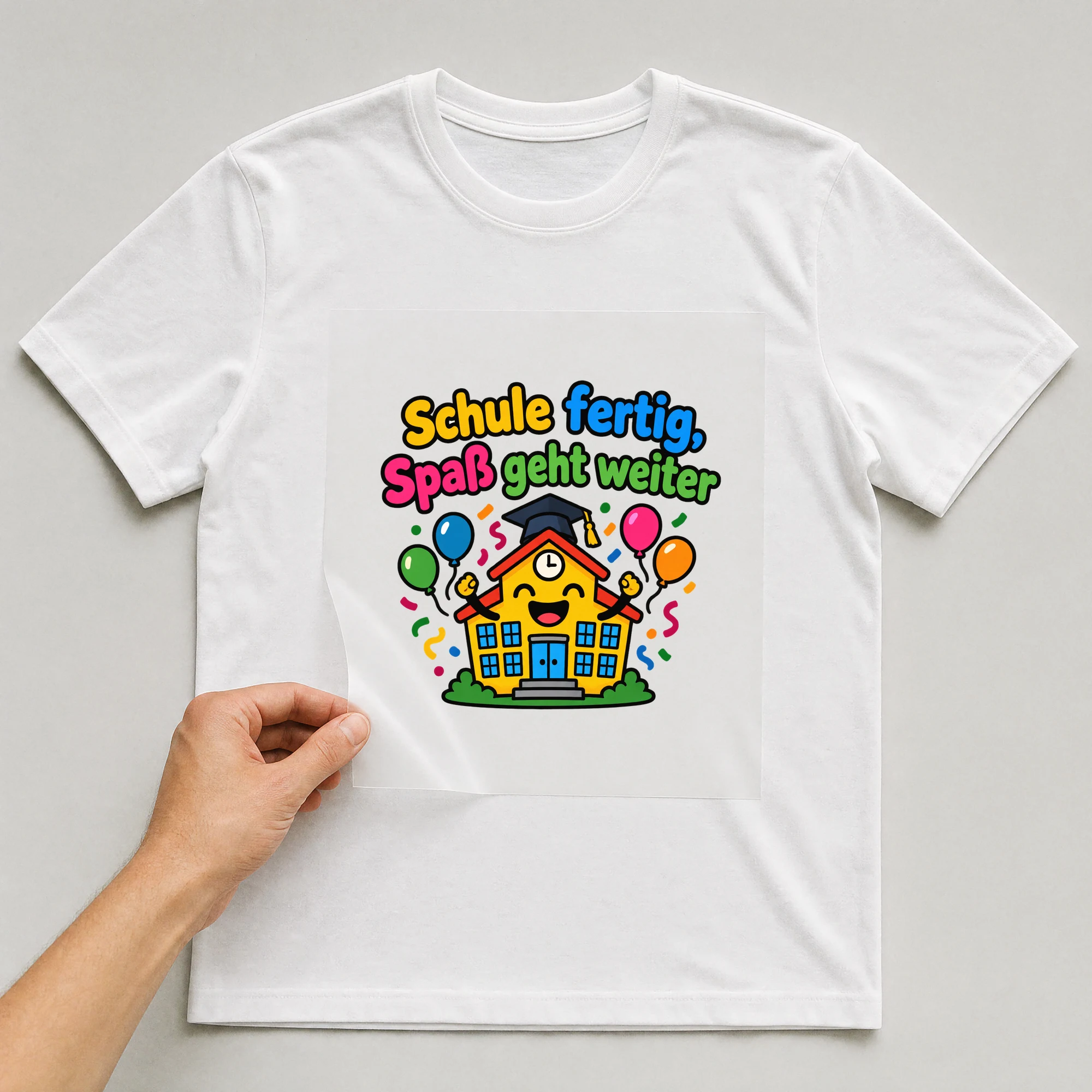 Bügelbild „Schule fertig, Spaß geht weiter“ auf weißem T-Shirt, Folie wird aufgelegt