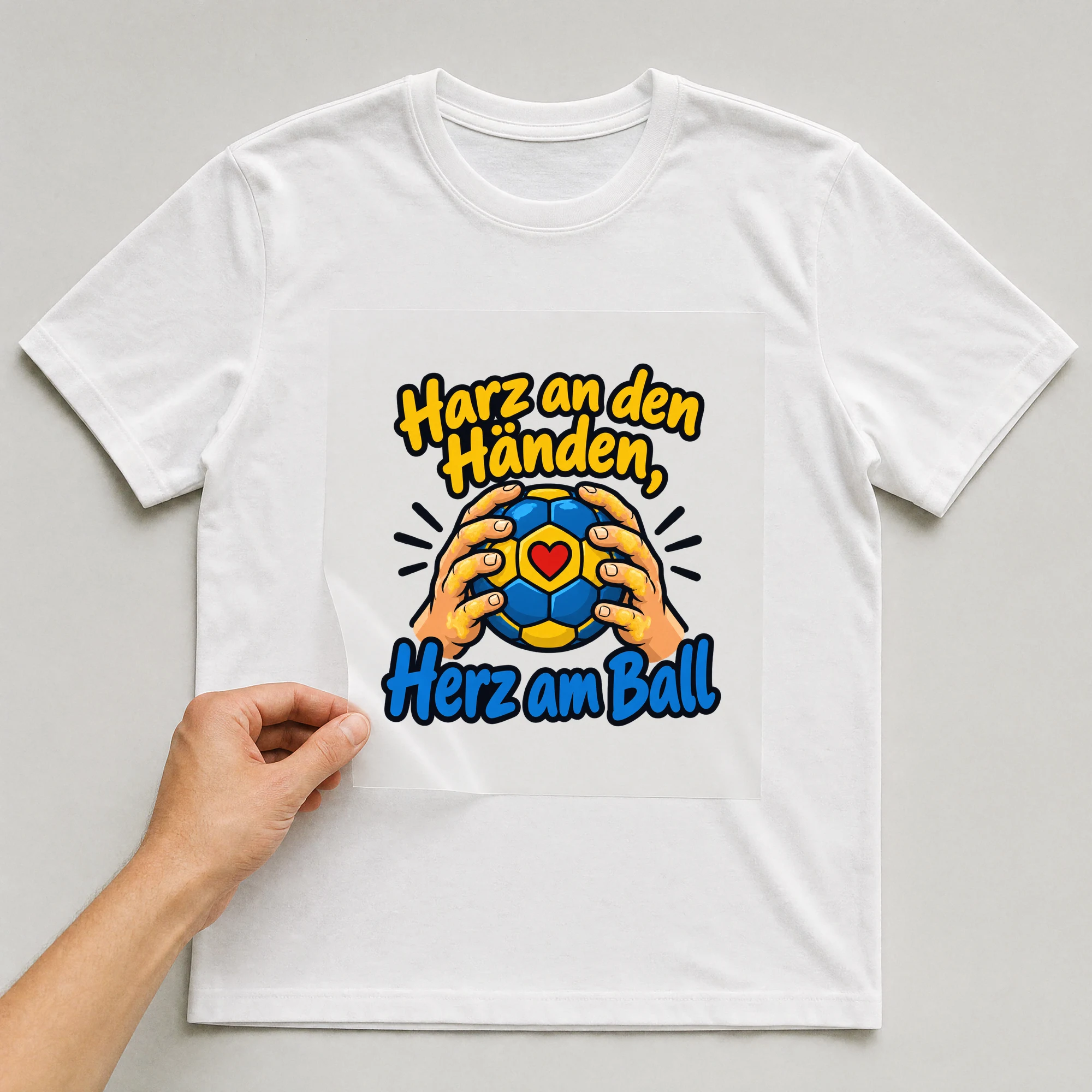 Bügelbild „Harz an den Händen, Herz am Ball“ auf weißem T-Shirt, Folie wird aufgelegt