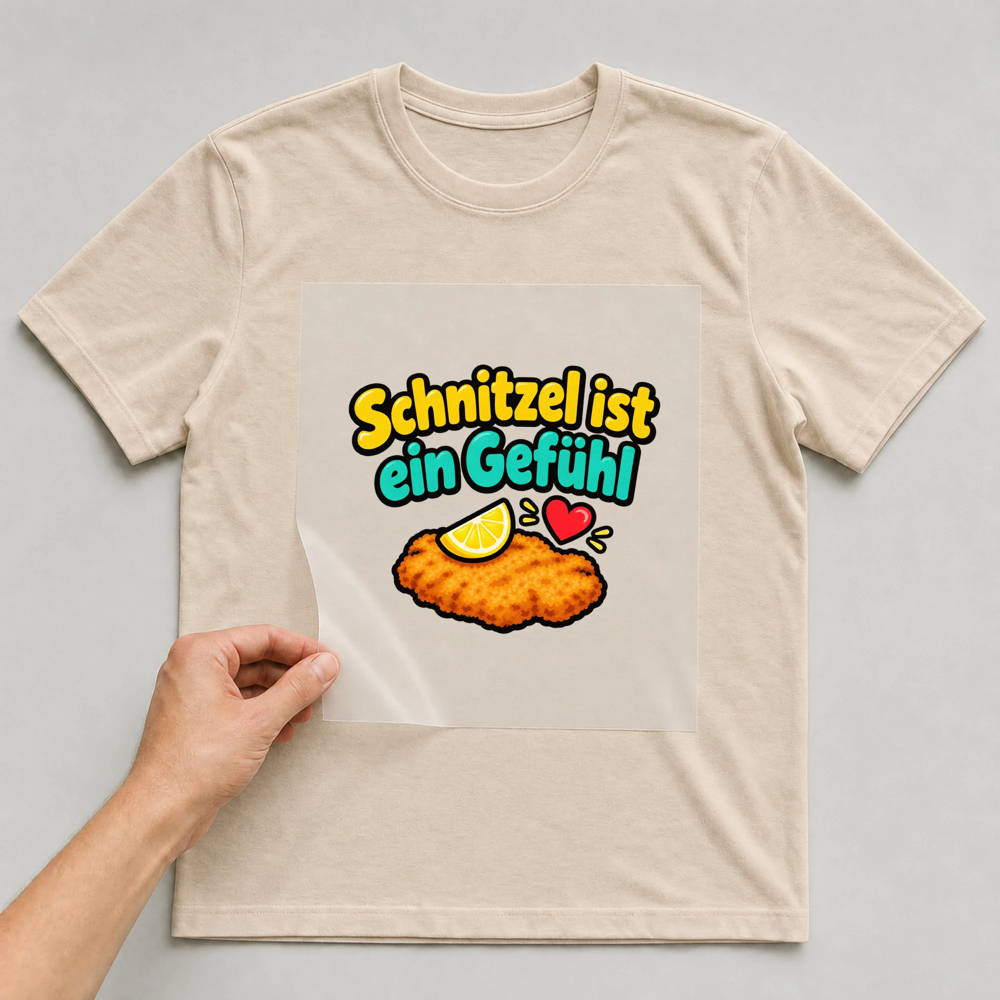 Bügelbild „Schnitzel ist ein Gefühl“ auf beigem T-Shirt, Folie wird aufgelegt