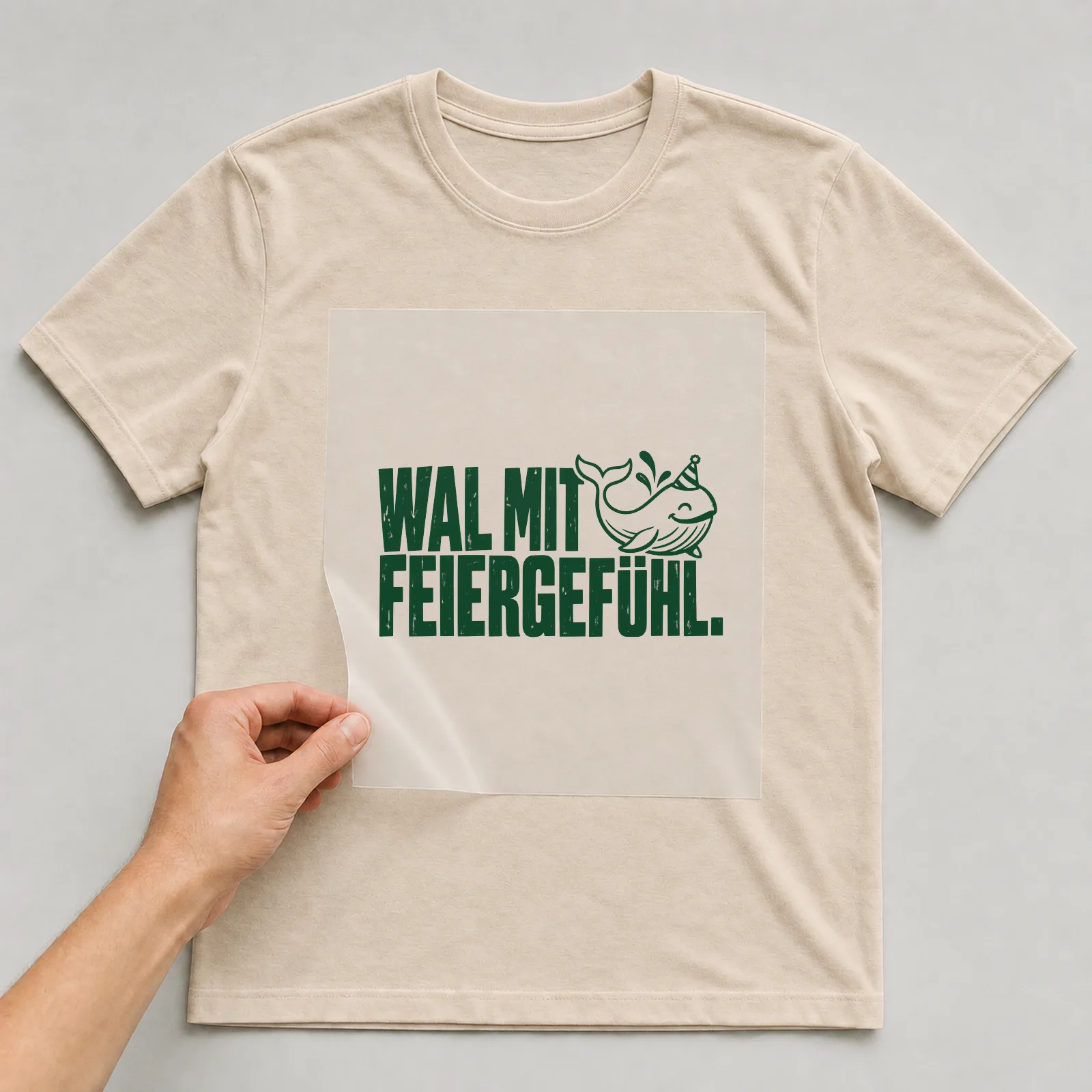 Bügelbild „Wal mit Feiergefühl“ auf beigem T-Shirt, Folie wird aufgelegt