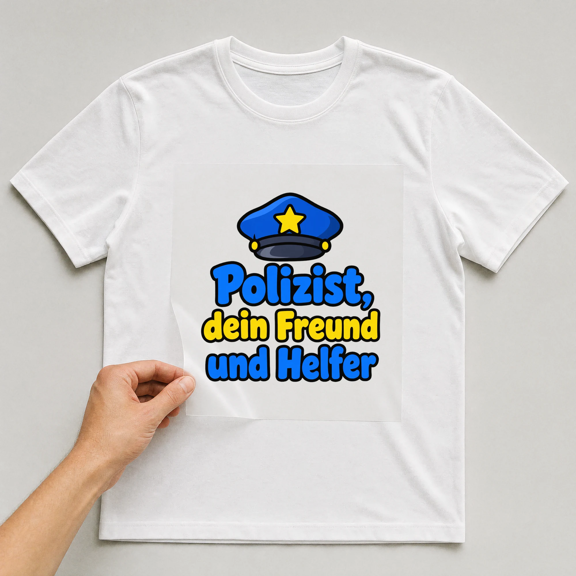 Bügelbild „Polizist, dein Freund und Helfer“ auf weißem T-Shirt, Folie wird aufgelegt