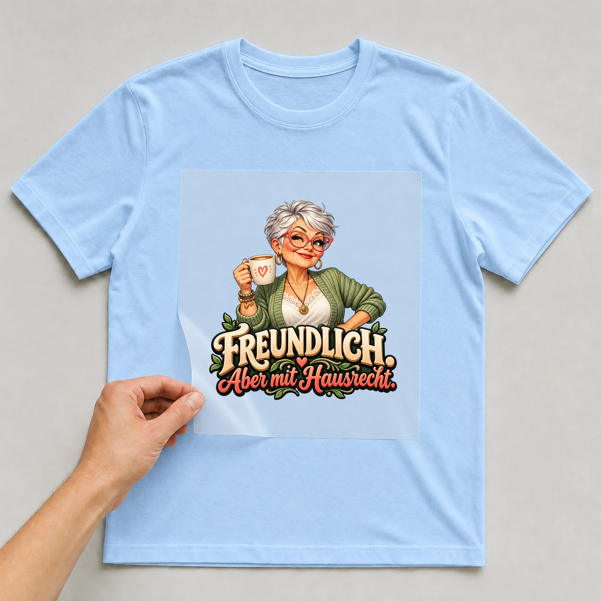 Bügelbild „Freundlich. Aber mit Hausrecht.“ auf babyblauem T-Shirt, Folie wird aufgelegt
