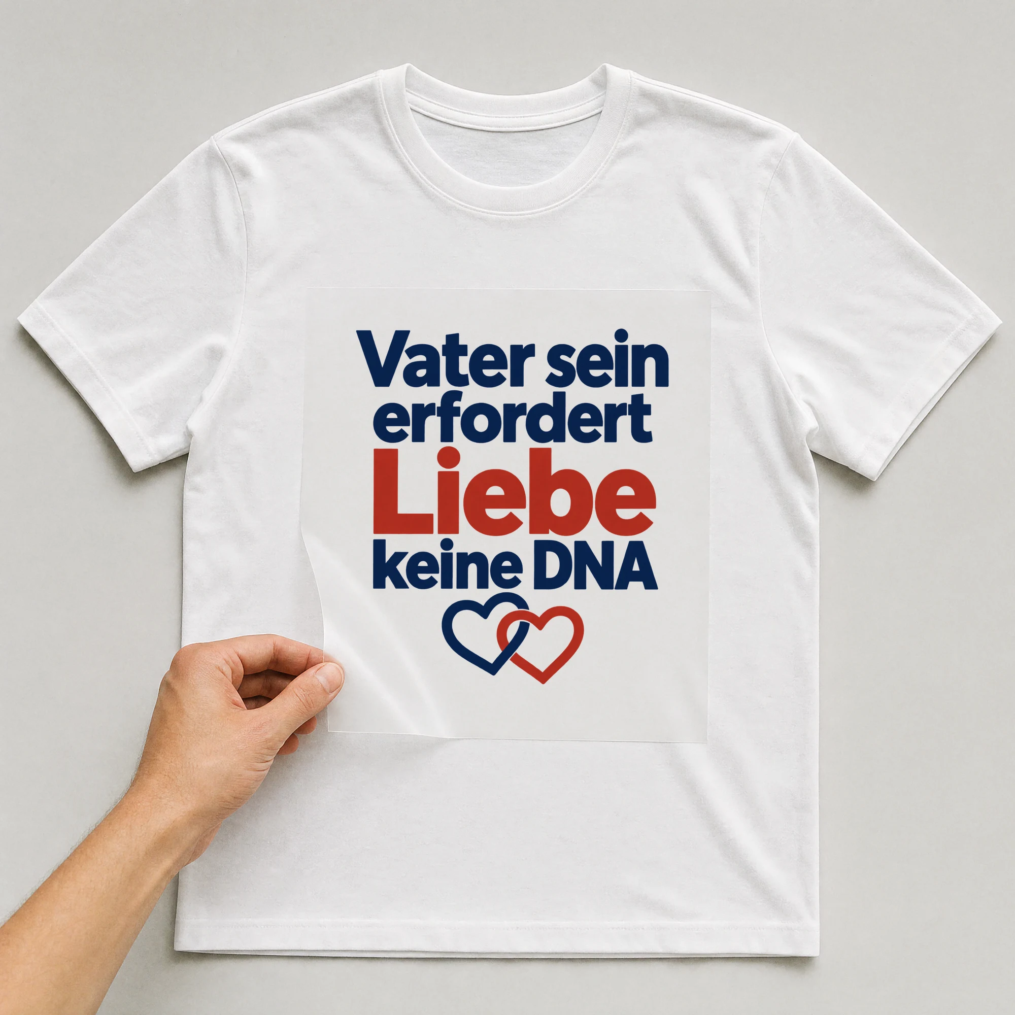 Bügelbild „Vater sein erfordert Liebe keine DNA“ auf weißem T-Shirt, Folie wird aufgelegt