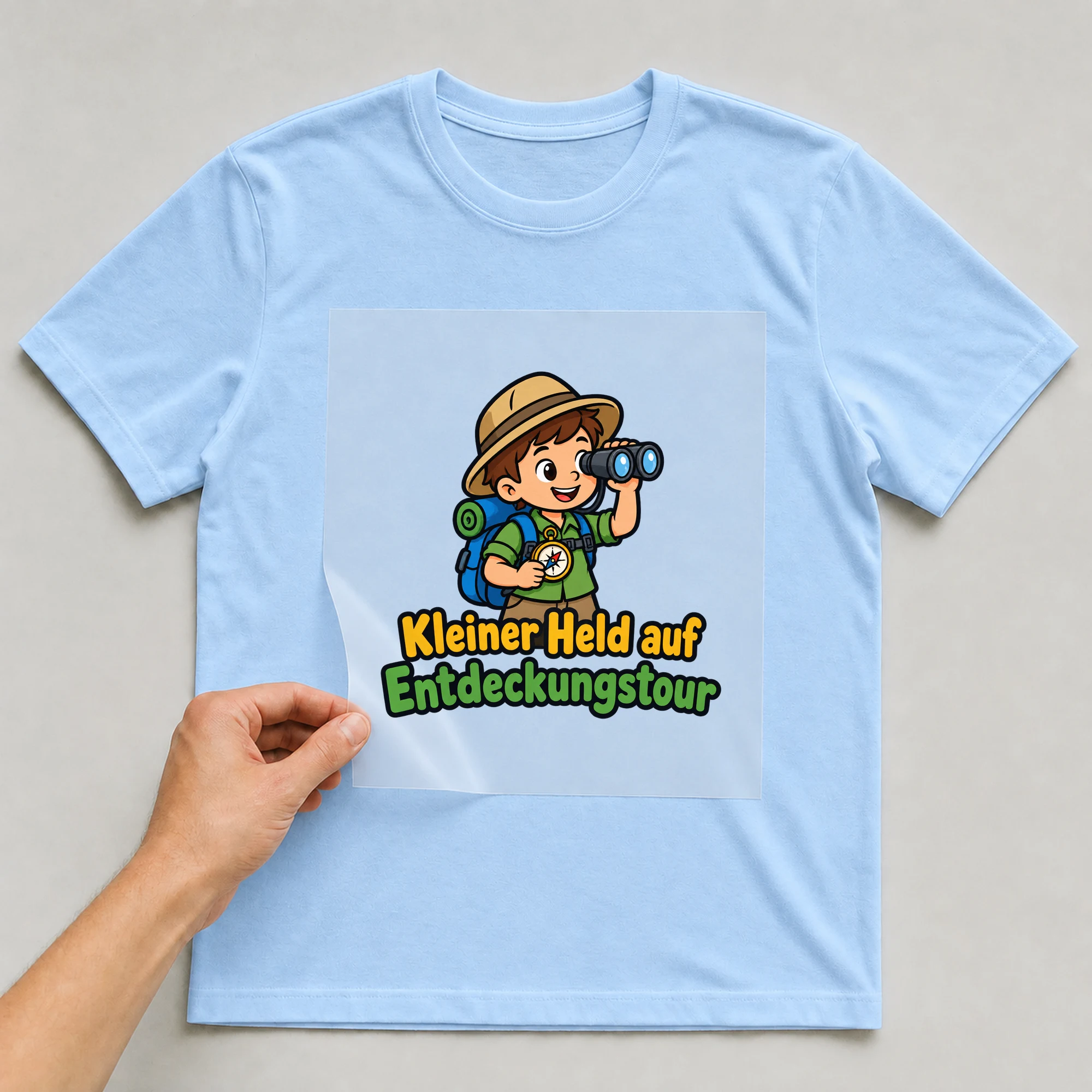 Bügelbild „Kleiner Held auf Entdeckungstour“ auf babyblauem T-Shirt, Folie wird aufgelegt