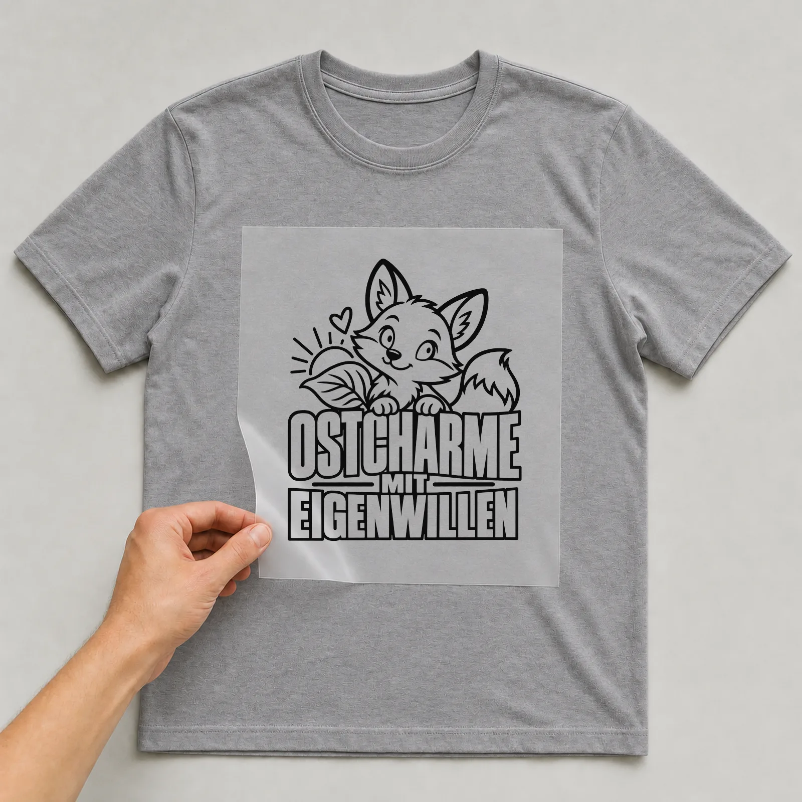 Bügelbild „Ostcharme mit Eigenwillen“ auf grauem T-Shirt, Folie wird aufgelegt