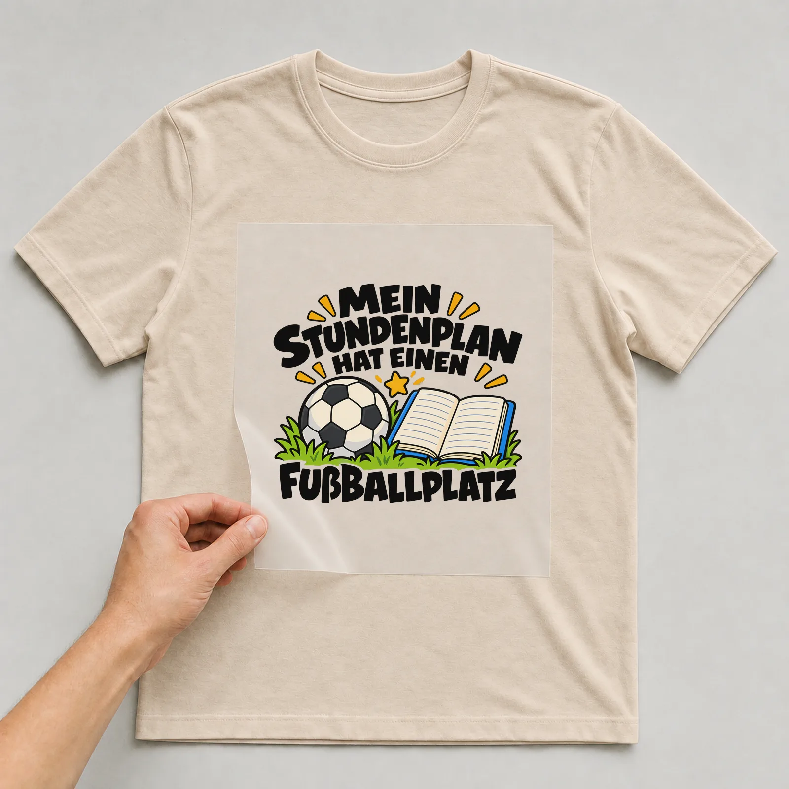 Bügelbild „MEIN STUNDENPLAN HAT EINEN FUßBALLPLATZ“ auf beigem T-Shirt, Folie wird aufgelegt