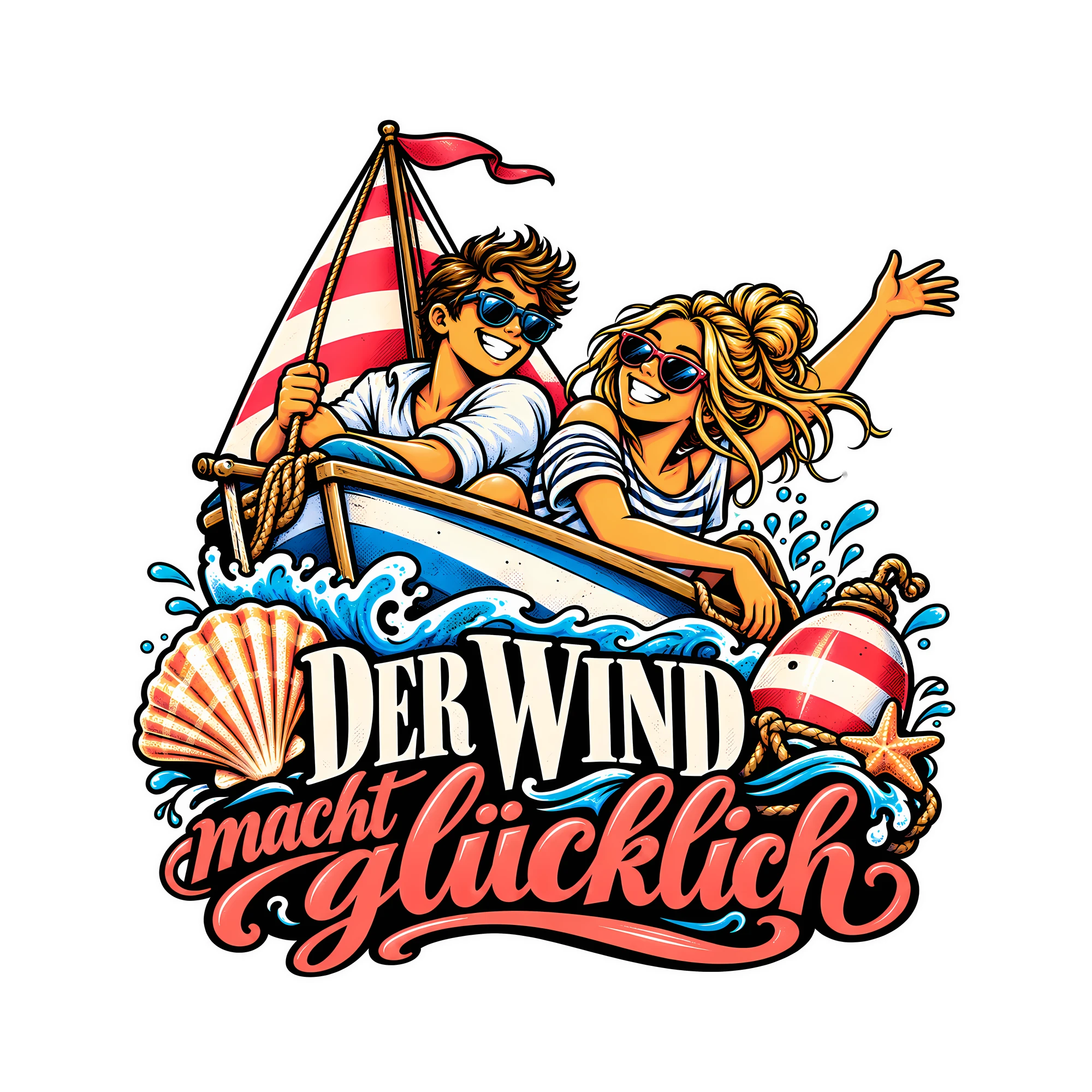 Bügelbild Der Wind macht glücklich als Grafik auf weißem Hintergrund (BB013223)