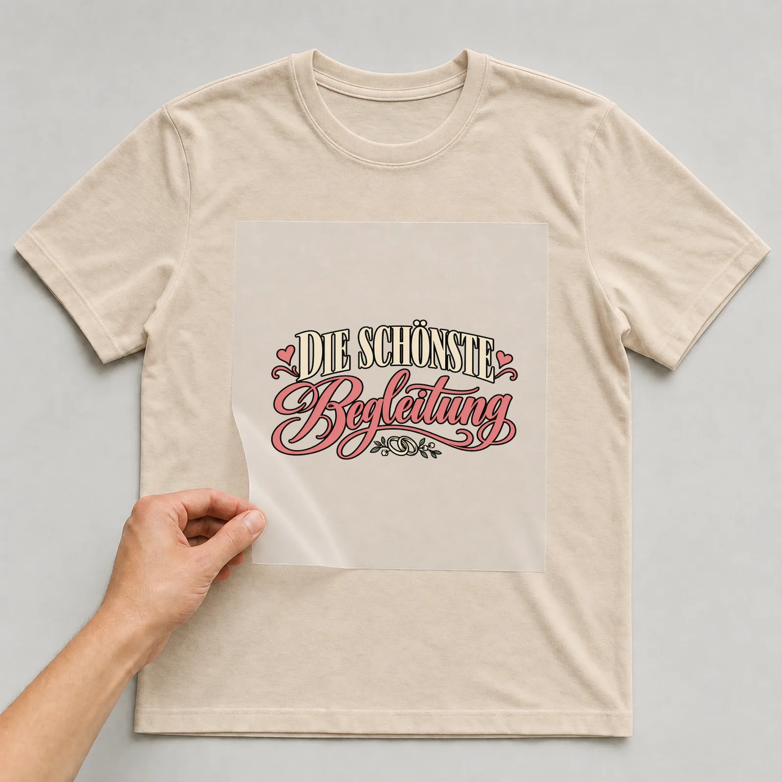 Bügelbild „Die schönste Begleitung“ auf beigem T-Shirt, Folie wird aufgelegt