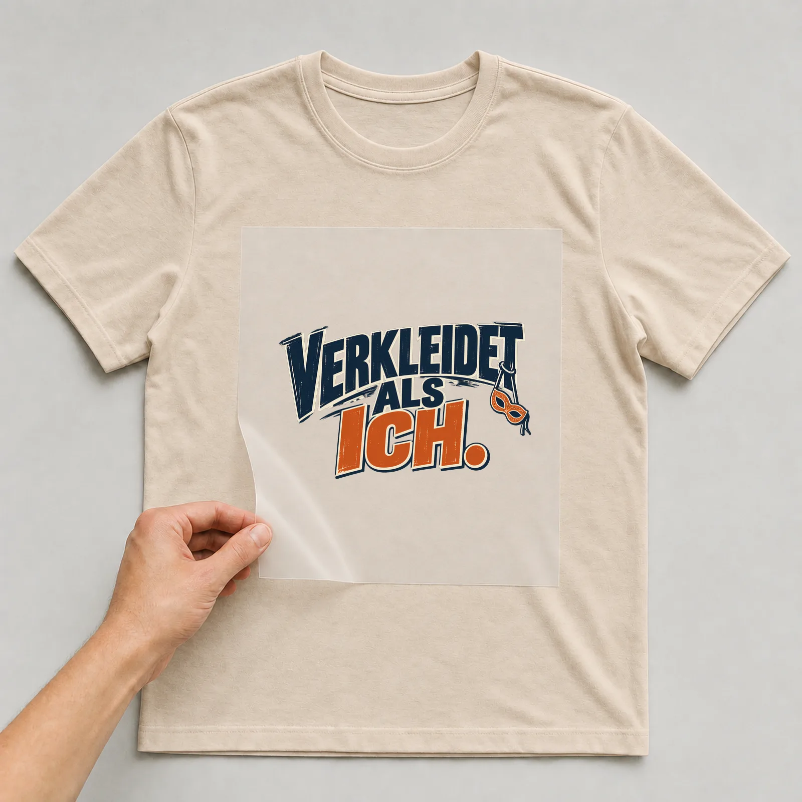 Bügelbild „Verkleidet als ich“ auf beigem T-Shirt, Folie wird aufgelegt