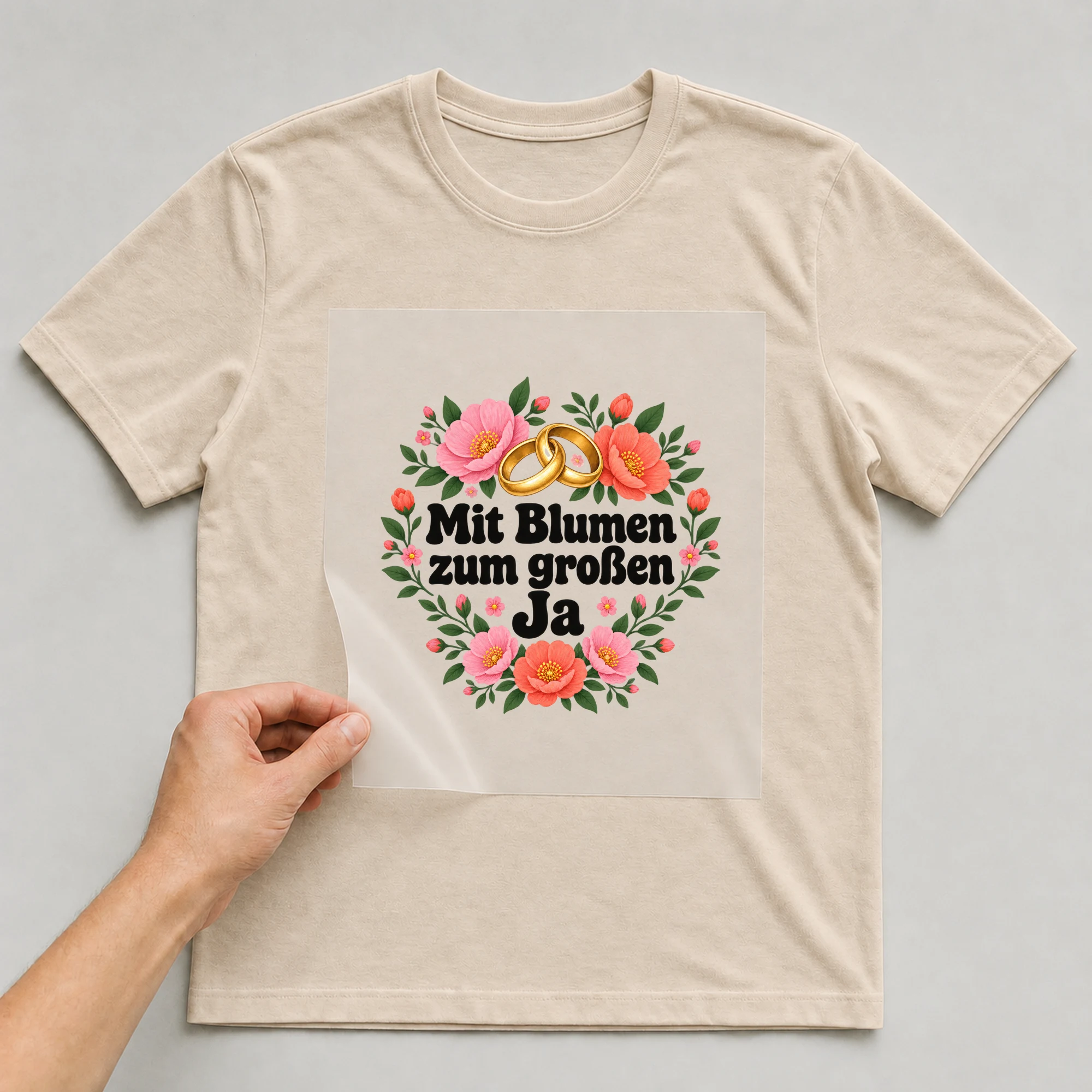 Bügelbild „Mit Blumen zum großen Ja“ auf beigem T-Shirt, Folie wird aufgelegt