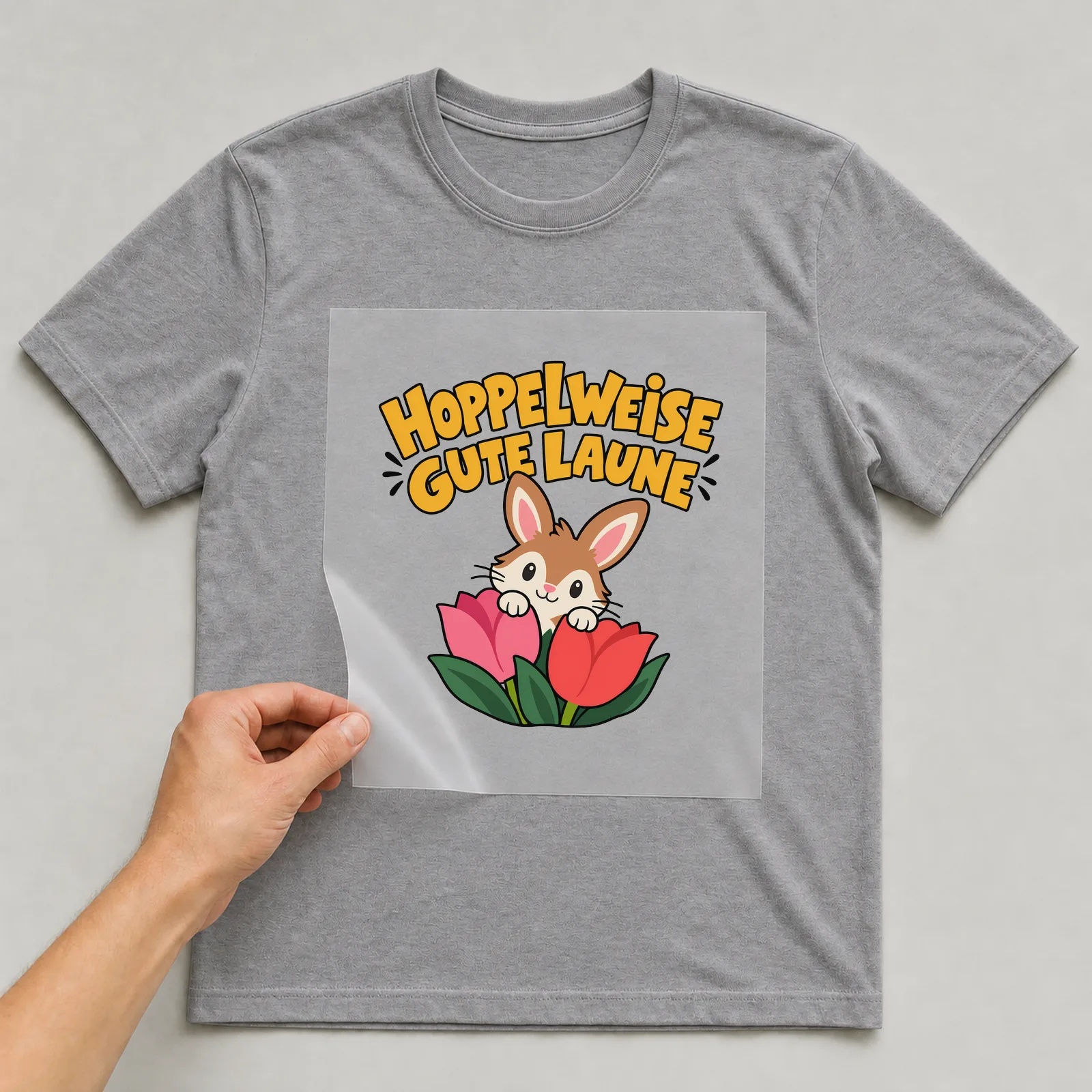 Bügelbild „Hoppelweise gute Laune“ auf grauem T-Shirt, Folie wird aufgelegt