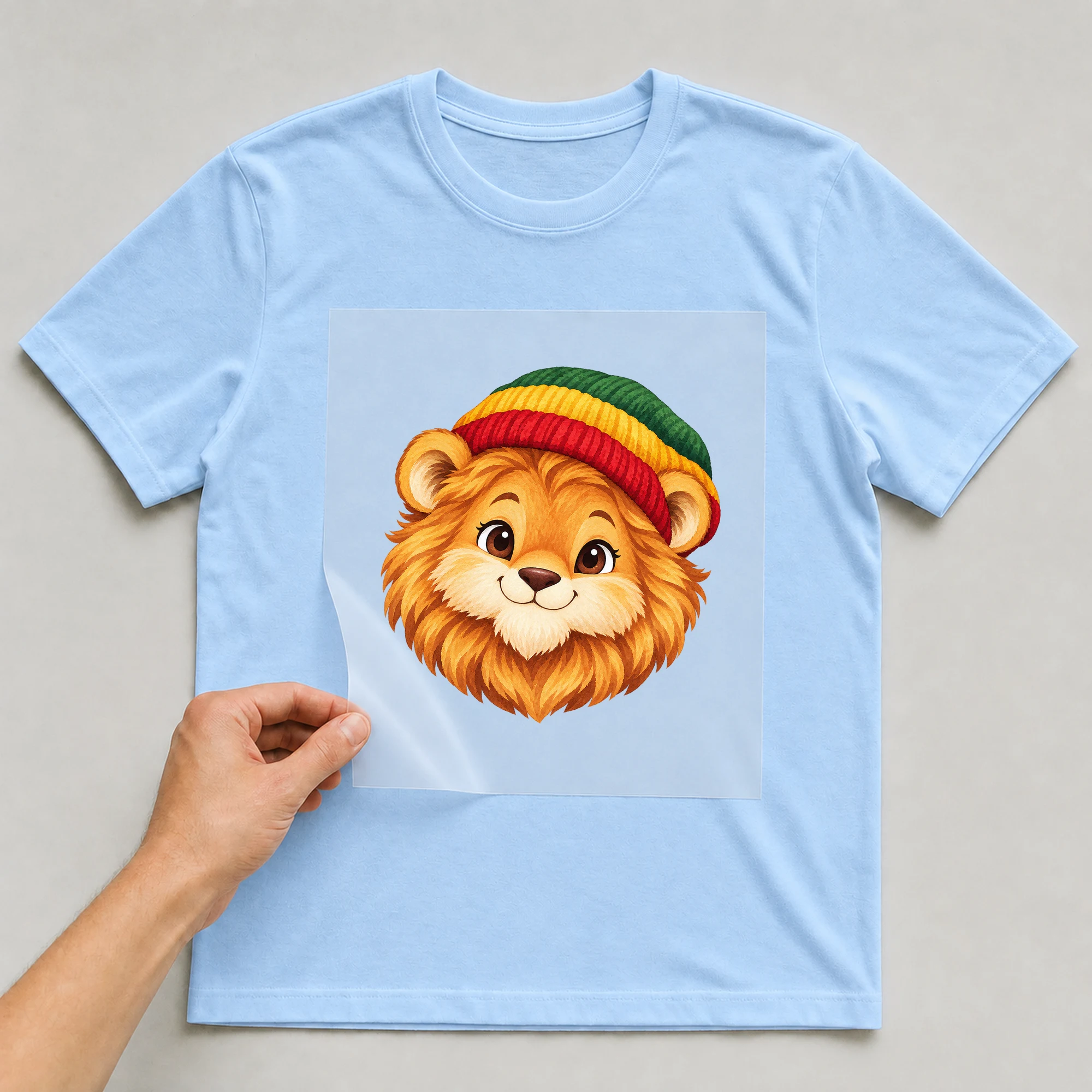 Bügelbild „BB021132-motiv-r03620“ auf babyblauem T-Shirt, Folie wird aufgelegt