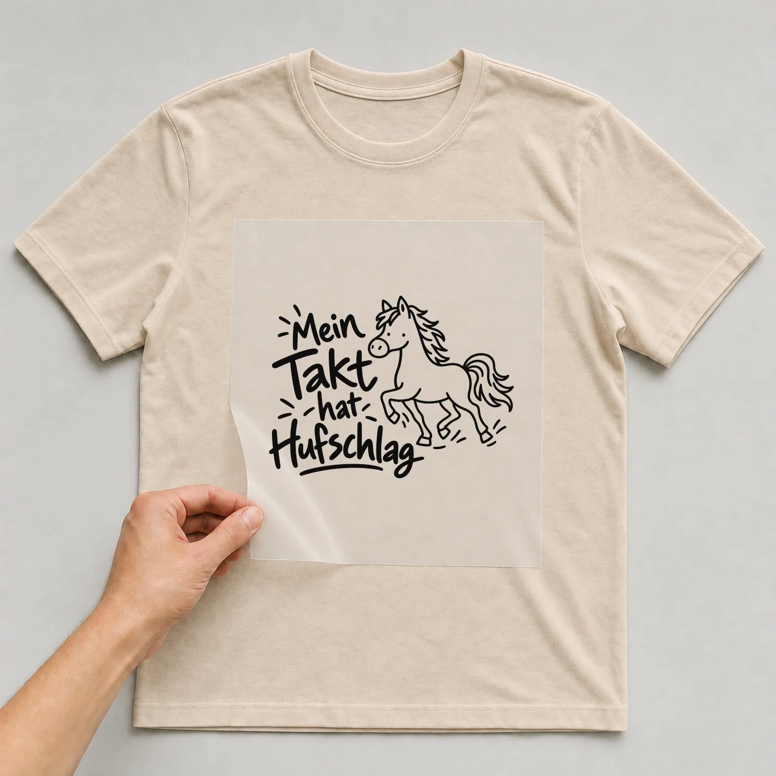 Bügelbild „Mein Takt hat Hufschlag“ auf beigem T-Shirt, Folie wird aufgelegt