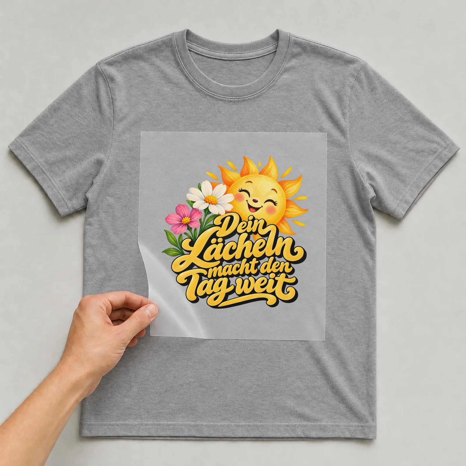 Bügelbild „Dein Lächeln macht den Tag weit“ auf grauem T-Shirt, Folie wird aufgelegt