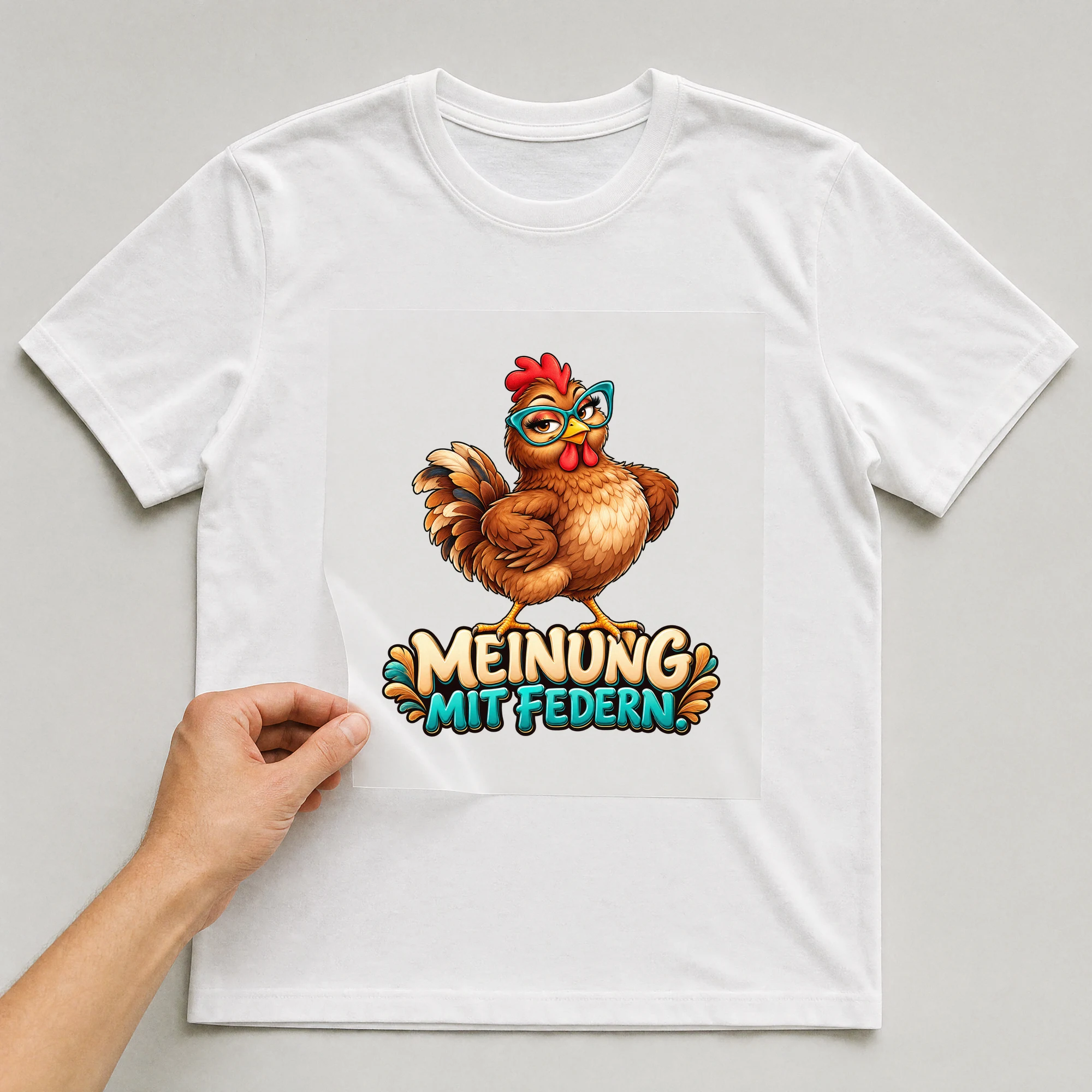 Bügelbild „Meinung mit Federn.“ auf weißem T-Shirt, Folie wird aufgelegt