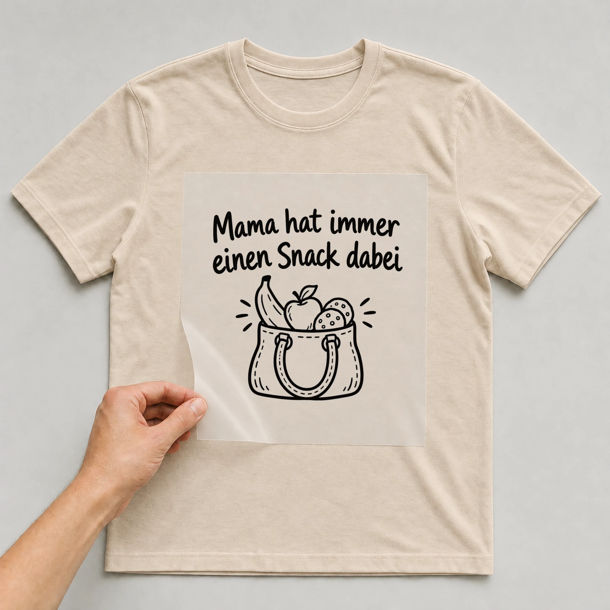 Bügelbild „Mama hat immer einen Snack dabei“ auf beigem T-Shirt, Folie wird aufgelegt