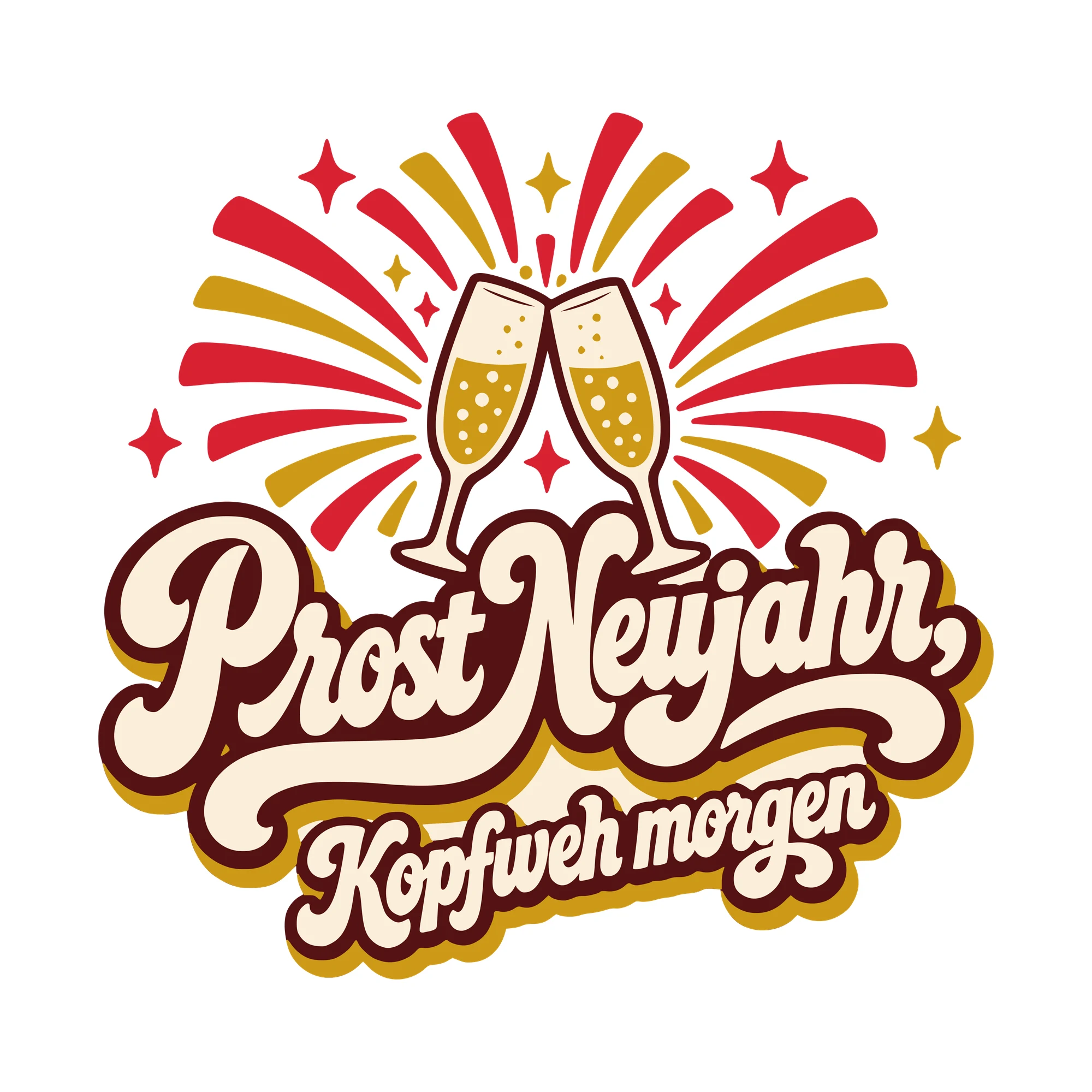 Bügelbild Prost Neujahr, Kopfweh morgen als Grafik auf weißem Hintergrund (BB010437)