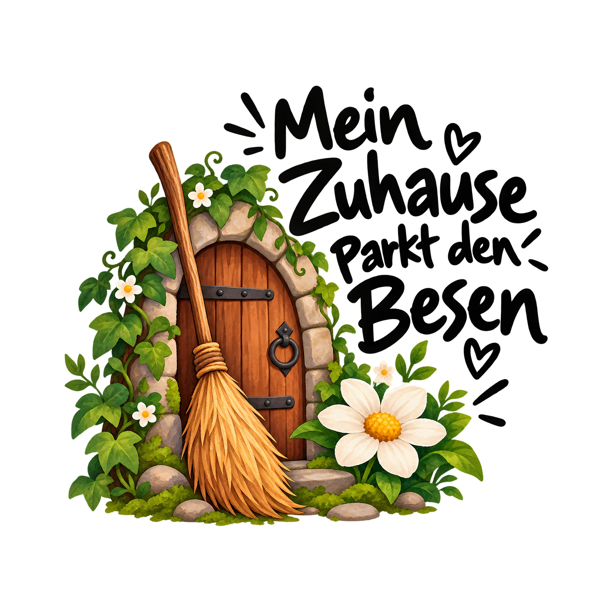 Bügelbild Mein Zuhause parkt den Besen als Grafik auf weißem Hintergrund (BB014315)