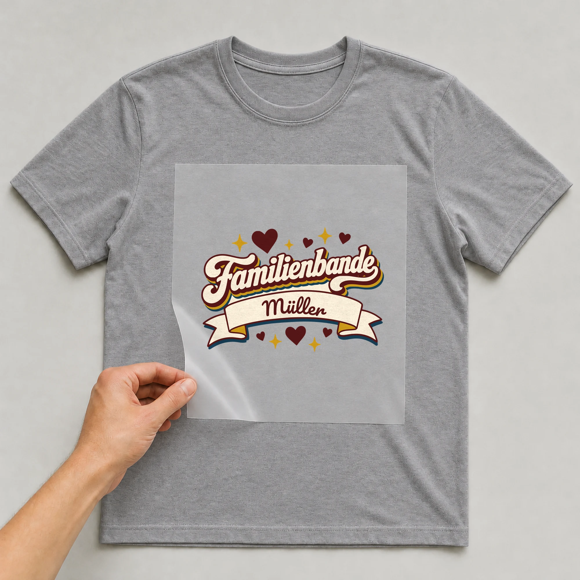 Bügelbild Familienbande mit Nachname auf grauem T-Shirt, Folie wird aufgelegt