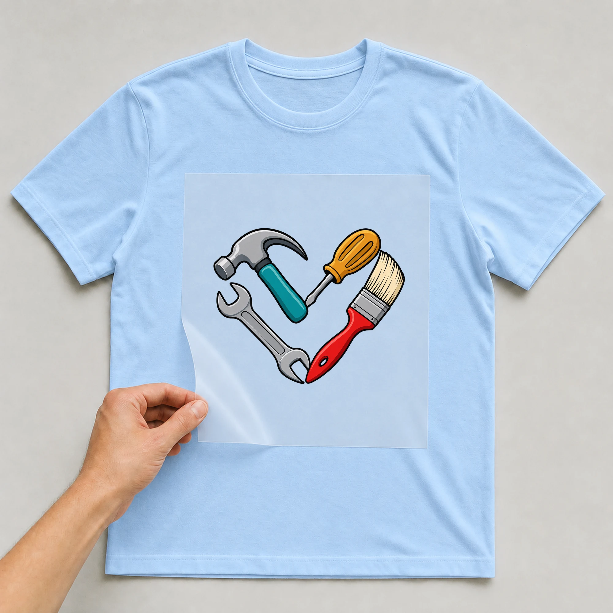 Bügelbild „Love DIY Heart“ auf babyblauem T-Shirt, Folie wird aufgelegt