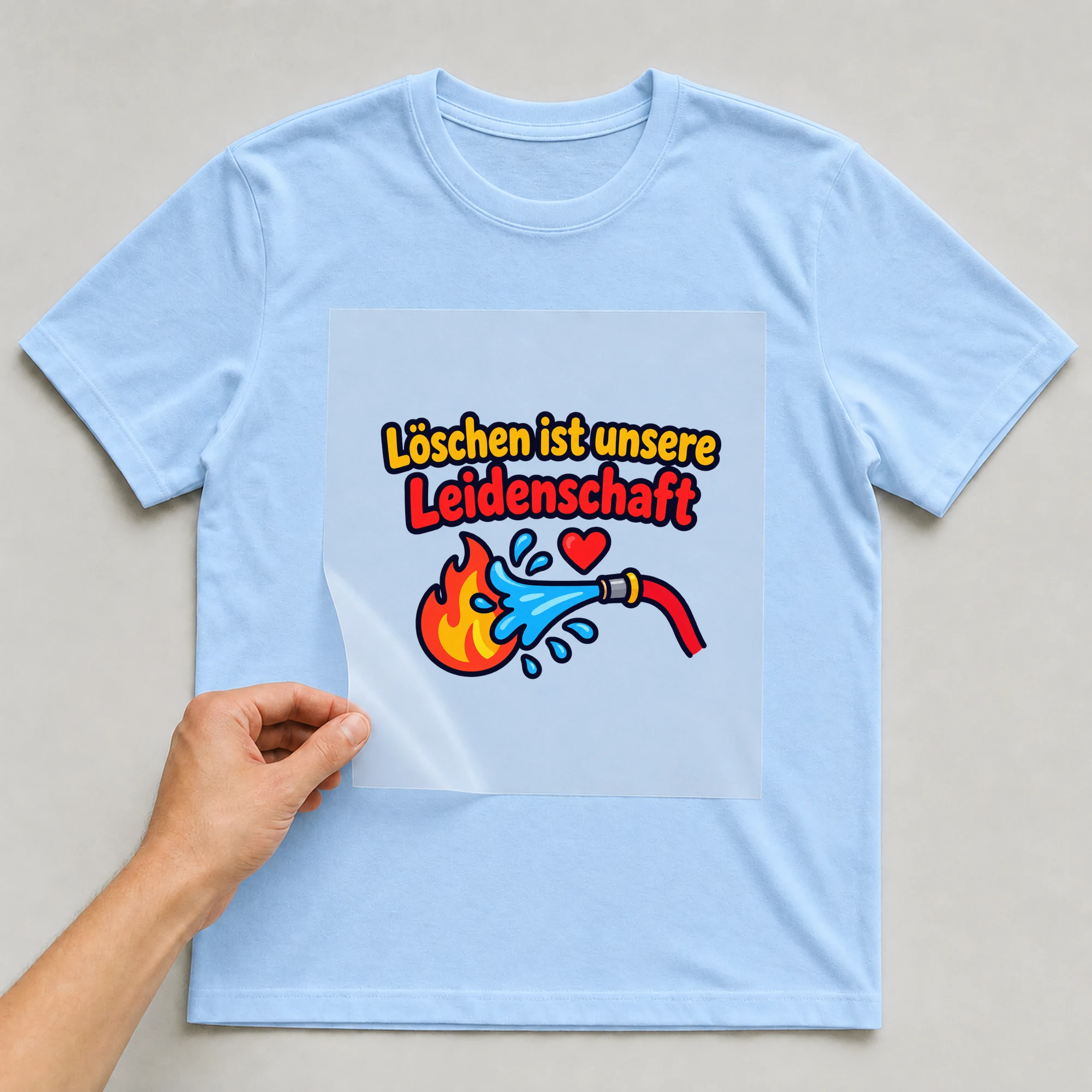 Bügelbild „Löschen ist unsere Leidenschaft“ auf babyblauem T-Shirt, Folie wird aufgelegt