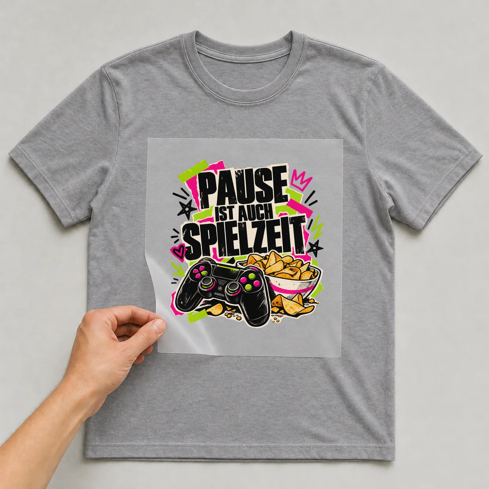 Bügelbild „Pause ist auch Spielzeit“ auf grauem T-Shirt, Folie wird aufgelegt