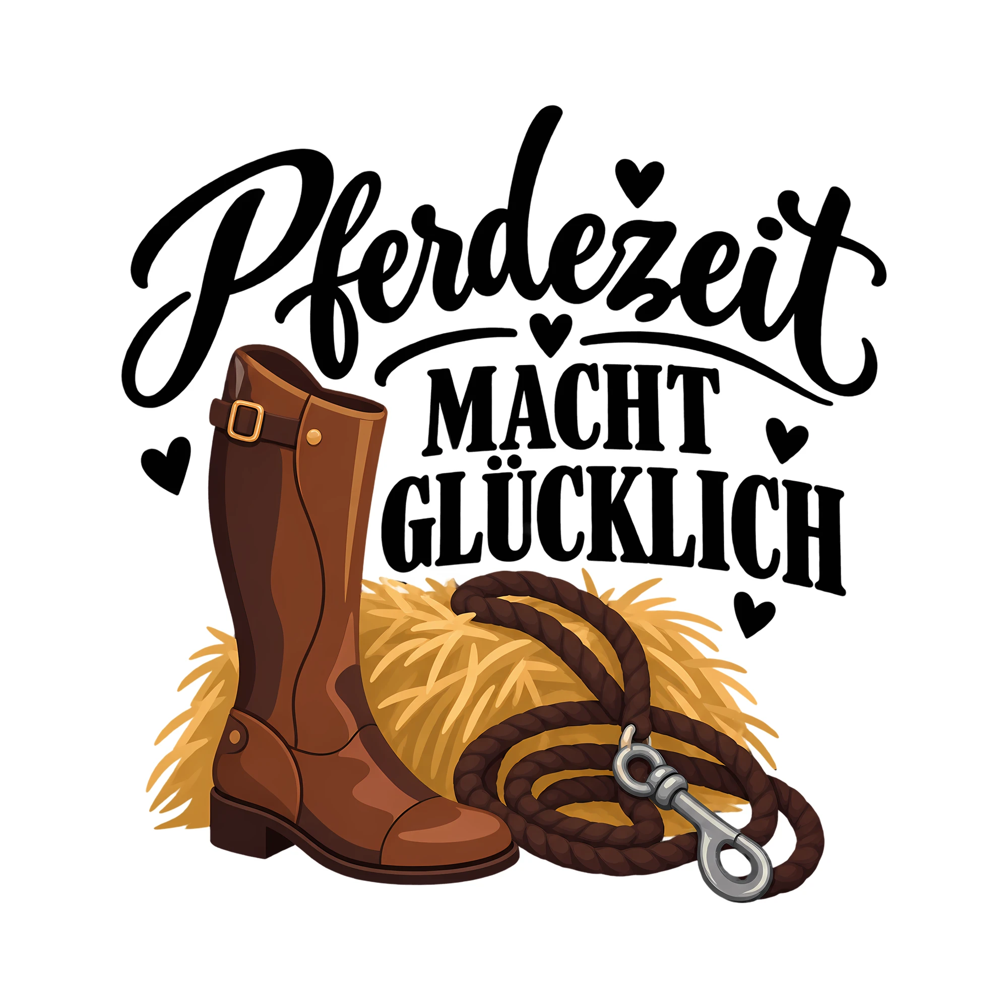 Bügelbild Pferdezeit macht glücklich als Grafik auf weißem Hintergrund (BB012881)