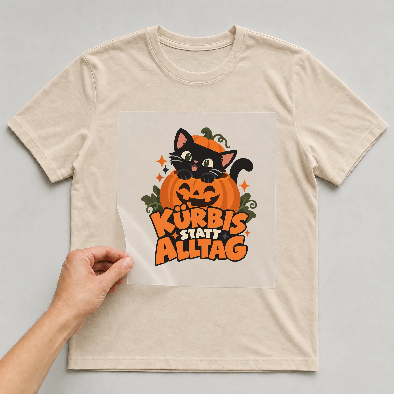 Bügelbild „Kürbis statt Alltag“ auf beigem T-Shirt, Folie wird aufgelegt