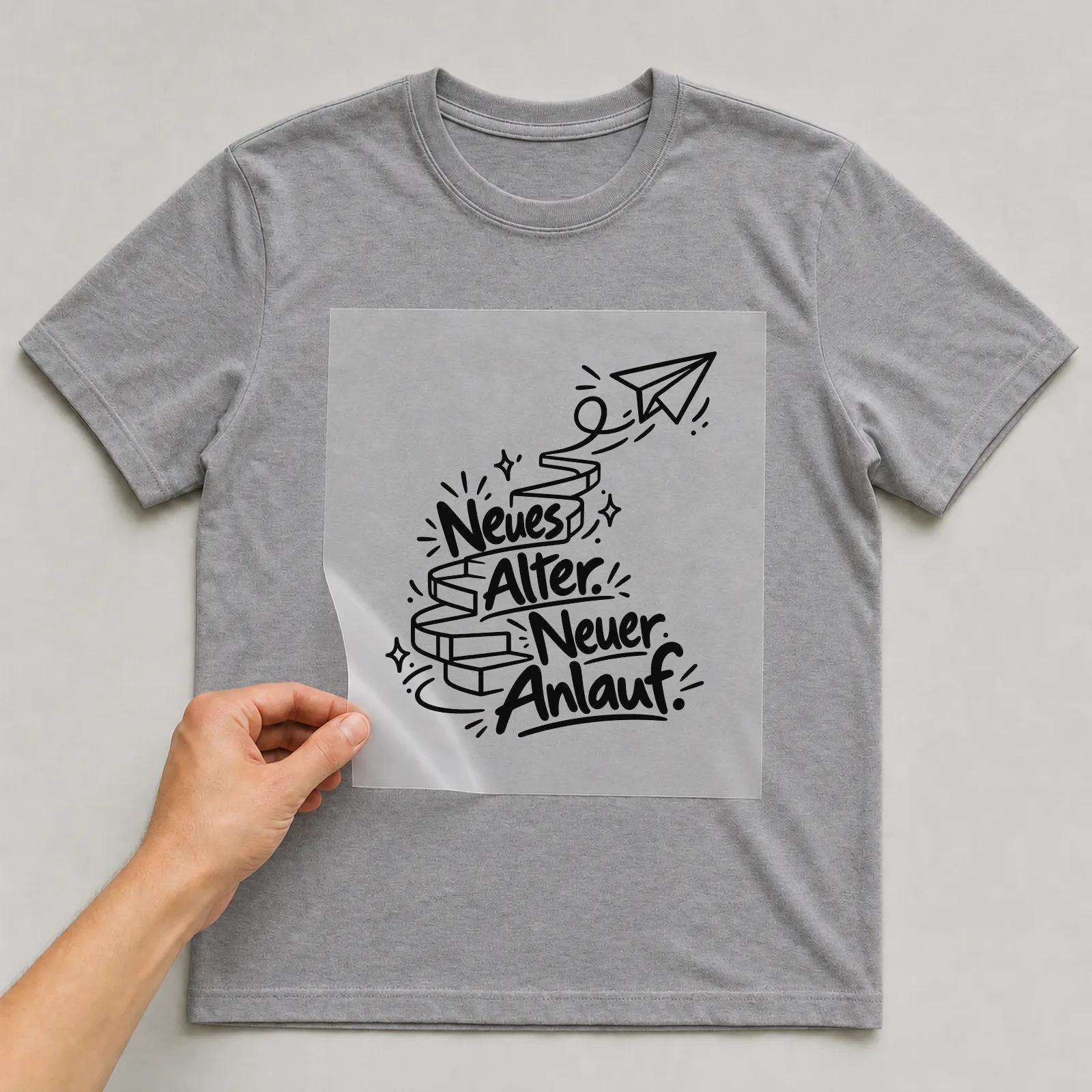 Bügelbild „Neues Alter. Neuer Anlauf.“ auf grauem T-Shirt, Folie wird aufgelegt