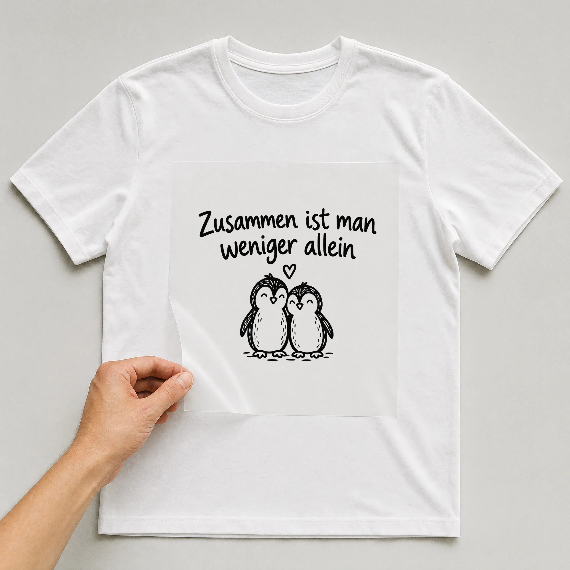 Bügelbild „Zusammen ist man weniger allein“ auf weißem T-Shirt, Folie wird aufgelegt