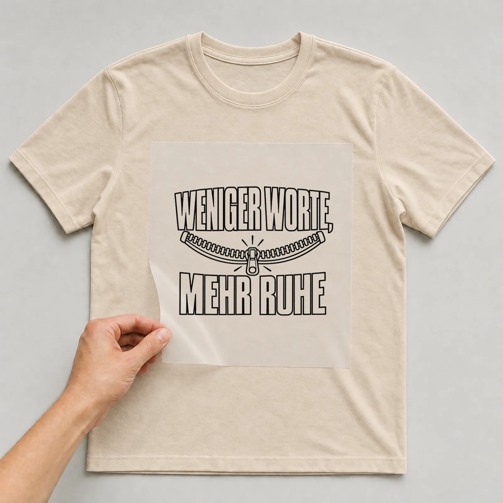 Bügelbild „Weniger Worte, mehr Ruhe“ auf beigem T-Shirt, Folie wird aufgelegt