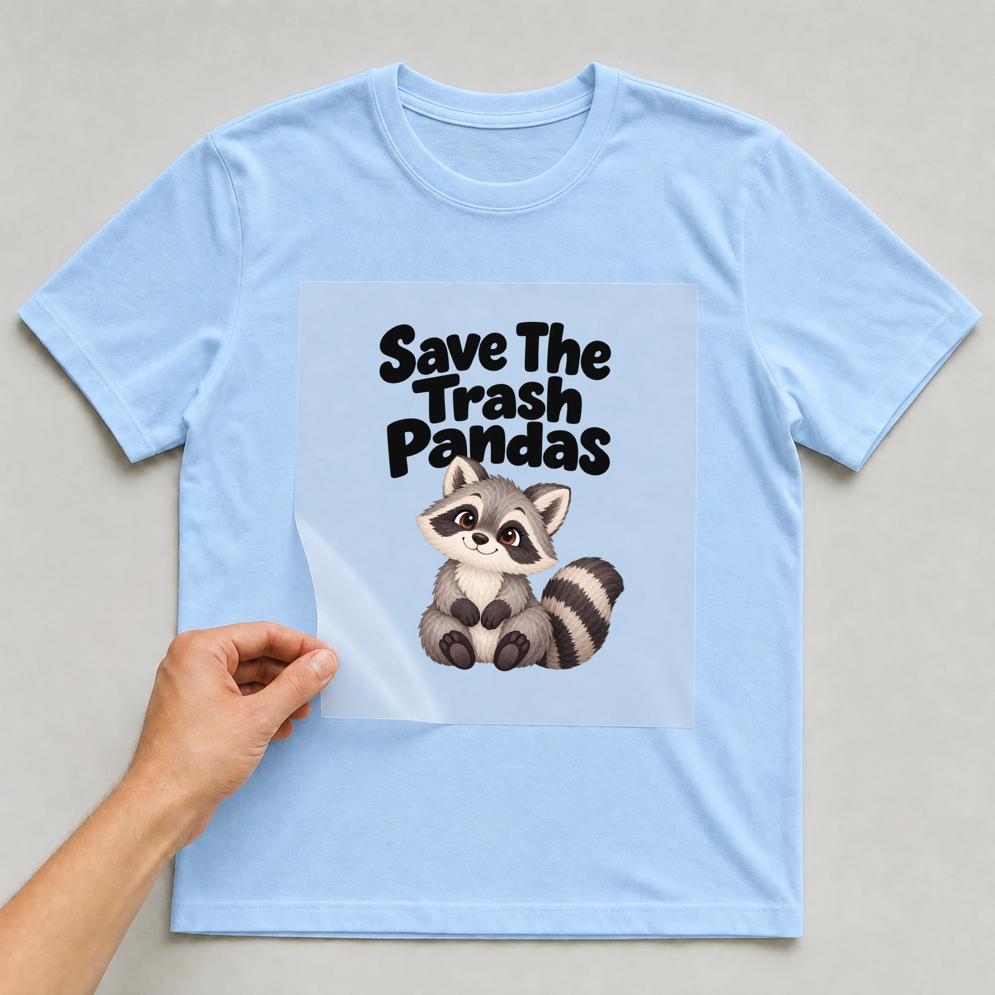 Bügelbild „Save The Trash Pandas“ auf babyblauem T-Shirt, Folie wird aufgelegt