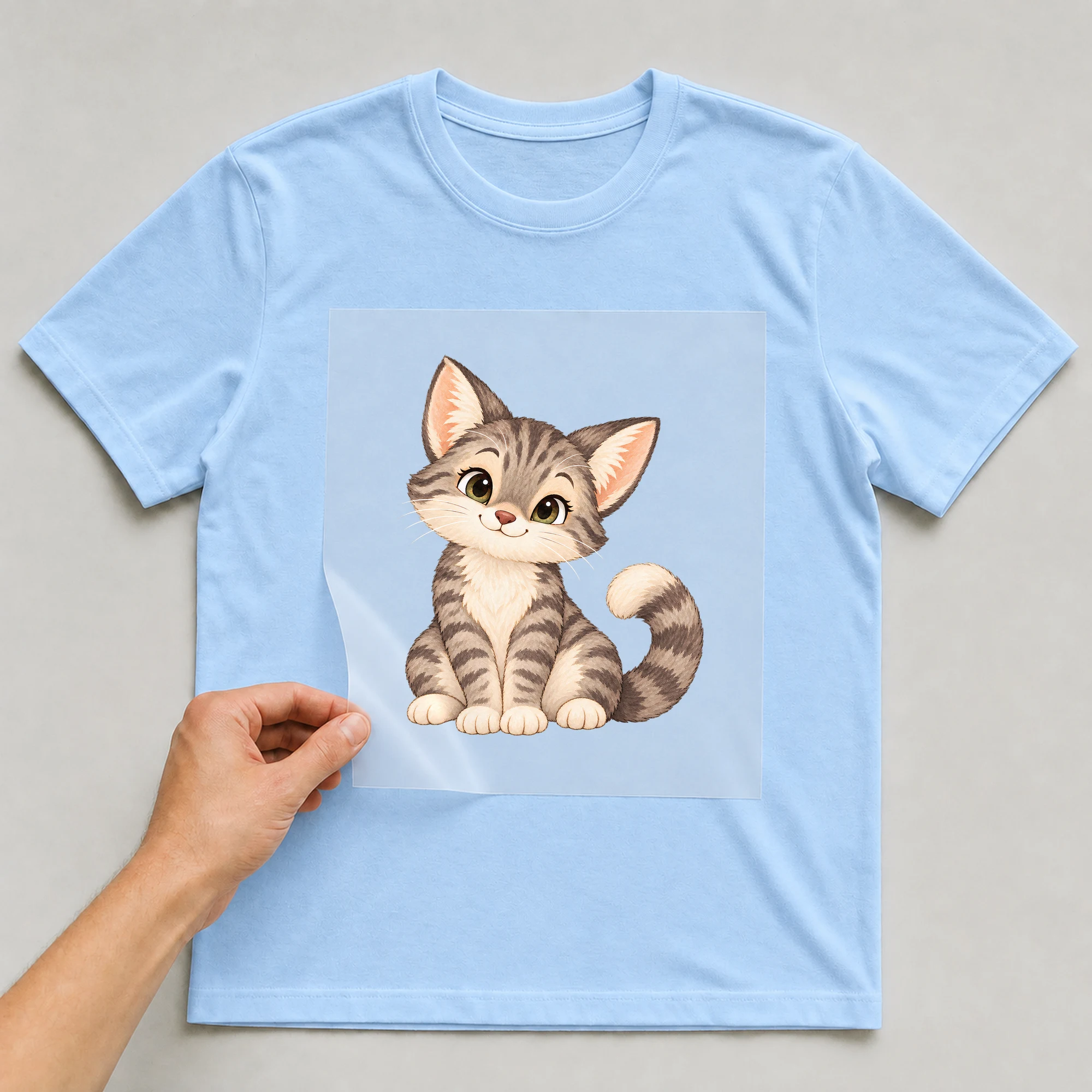 Bügelbild „Katzenlächeln“ auf babyblauem T-Shirt, Folie wird aufgelegt