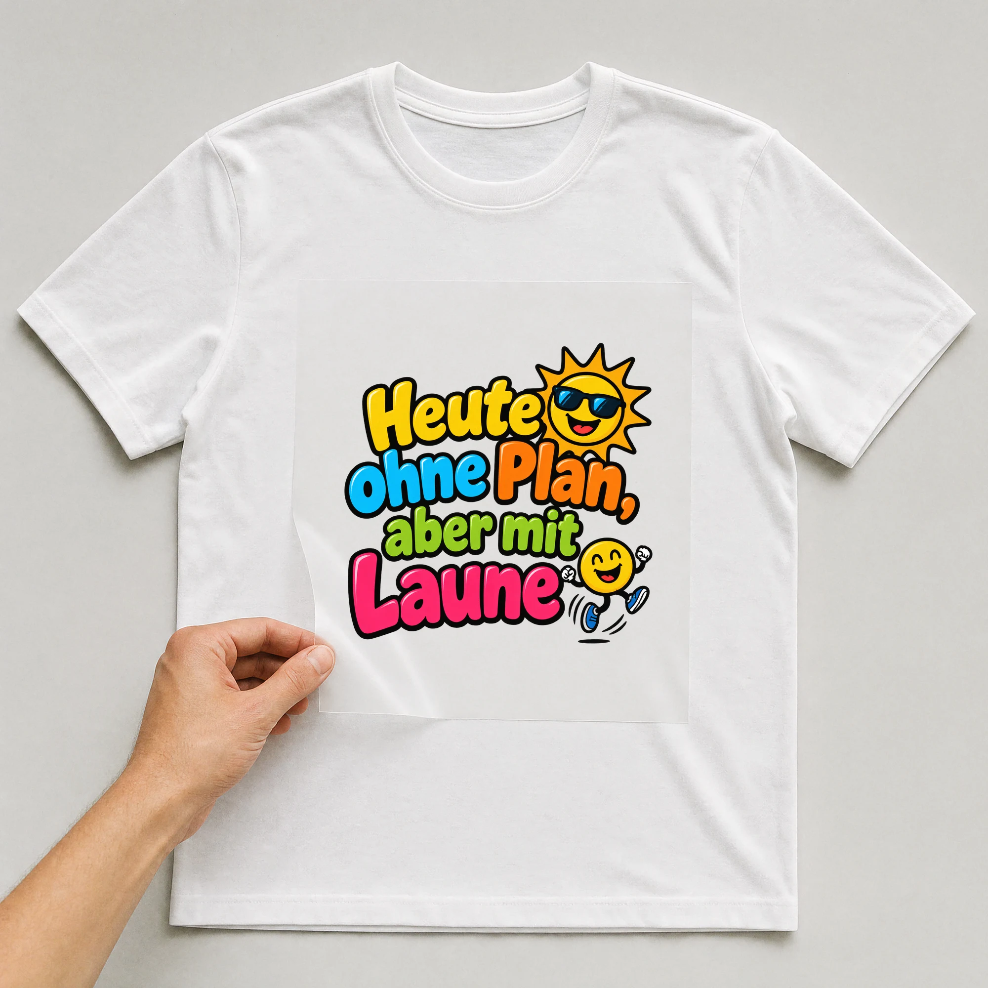 Bügelbild „Heute ohne Plan, aber mit Laune“ auf weißem T-Shirt, Folie wird aufgelegt