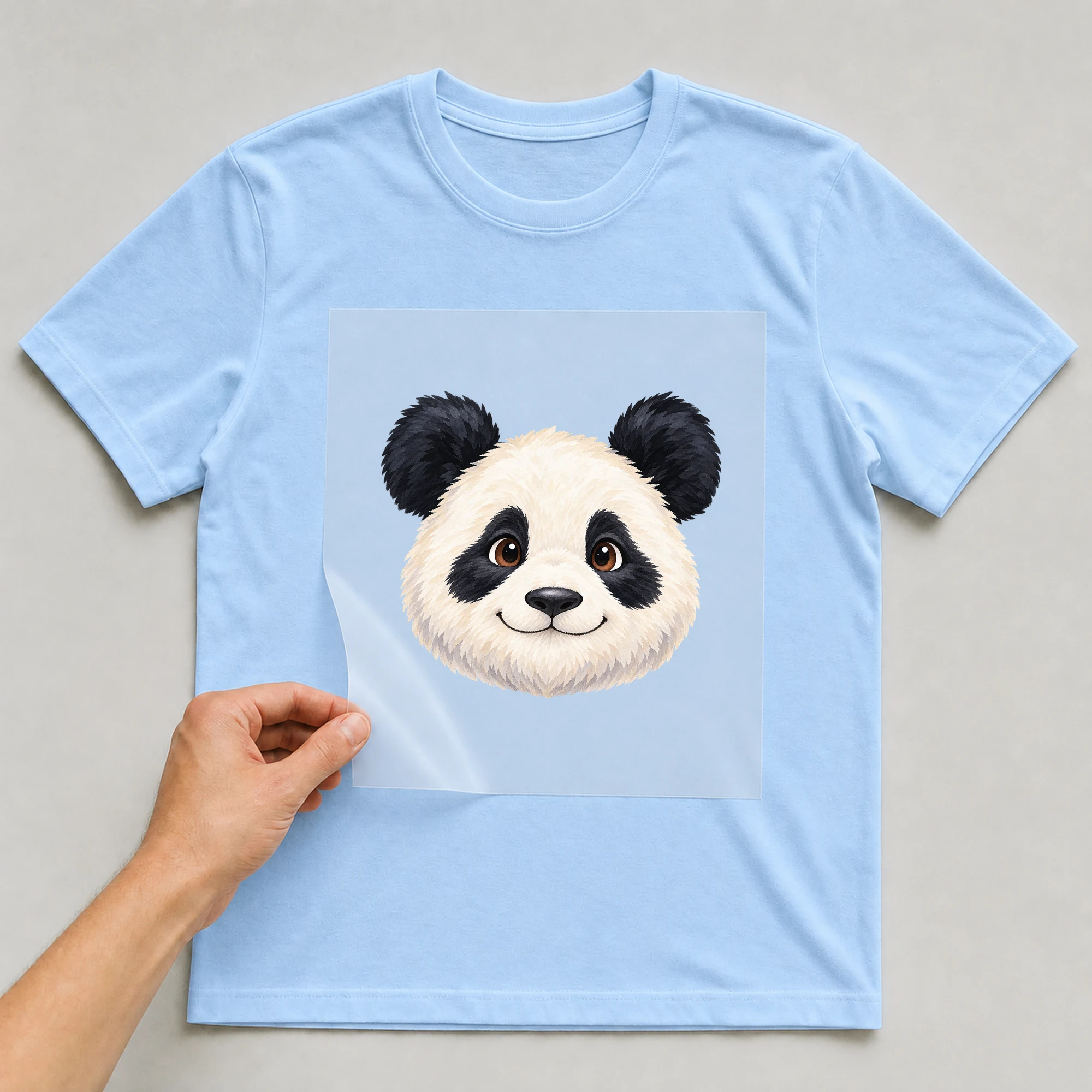 Bügelbild „Aquarell Panda“ auf babyblauem T-Shirt, Folie wird aufgelegt