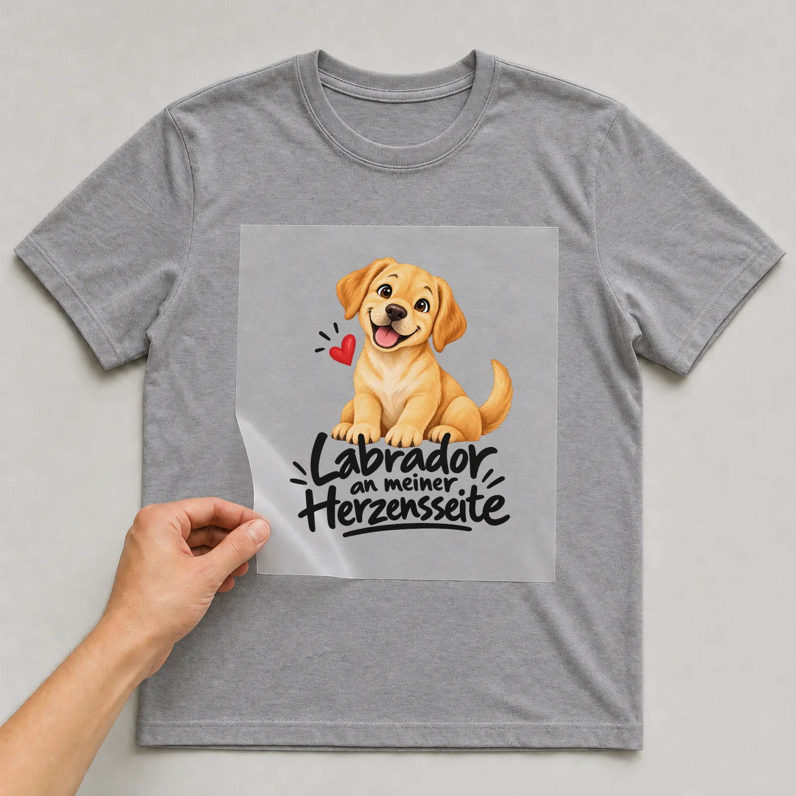 Bügelbild „Labrador an meiner Herzensseite“ auf grauem T-Shirt, Folie wird aufgelegt