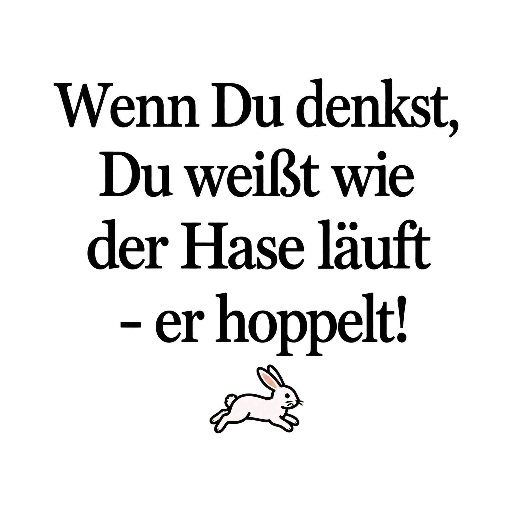 Bügelbild „Wenn Du denkst, Du weißt wie der Hase läuft - er hoppelt!“ | Tiere Shirt Spruch als Grafik auf weißem Hintergrund (BB016095)