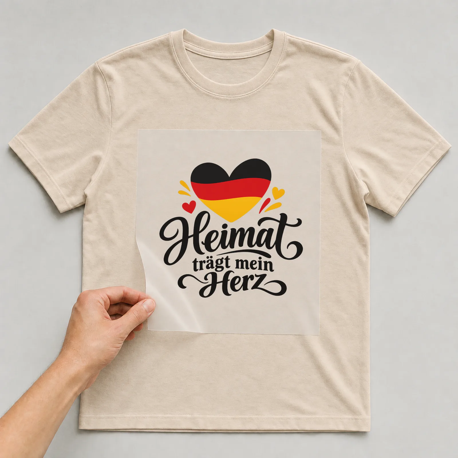 Bügelbild „Heimat trägt mein Herz“ auf beigem T-Shirt, Folie wird aufgelegt