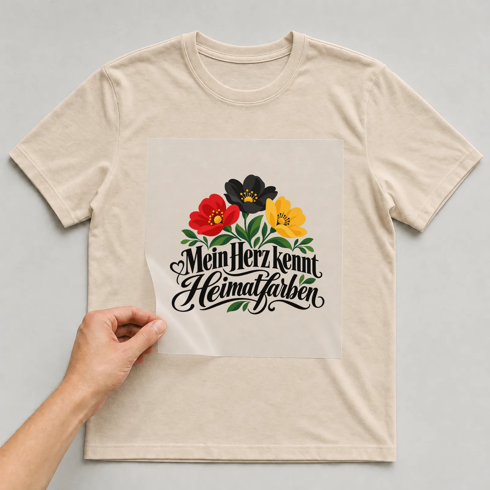 Bügelbild „Mein Herz kennt Heimatfarben“ auf beigem T-Shirt, Folie wird aufgelegt