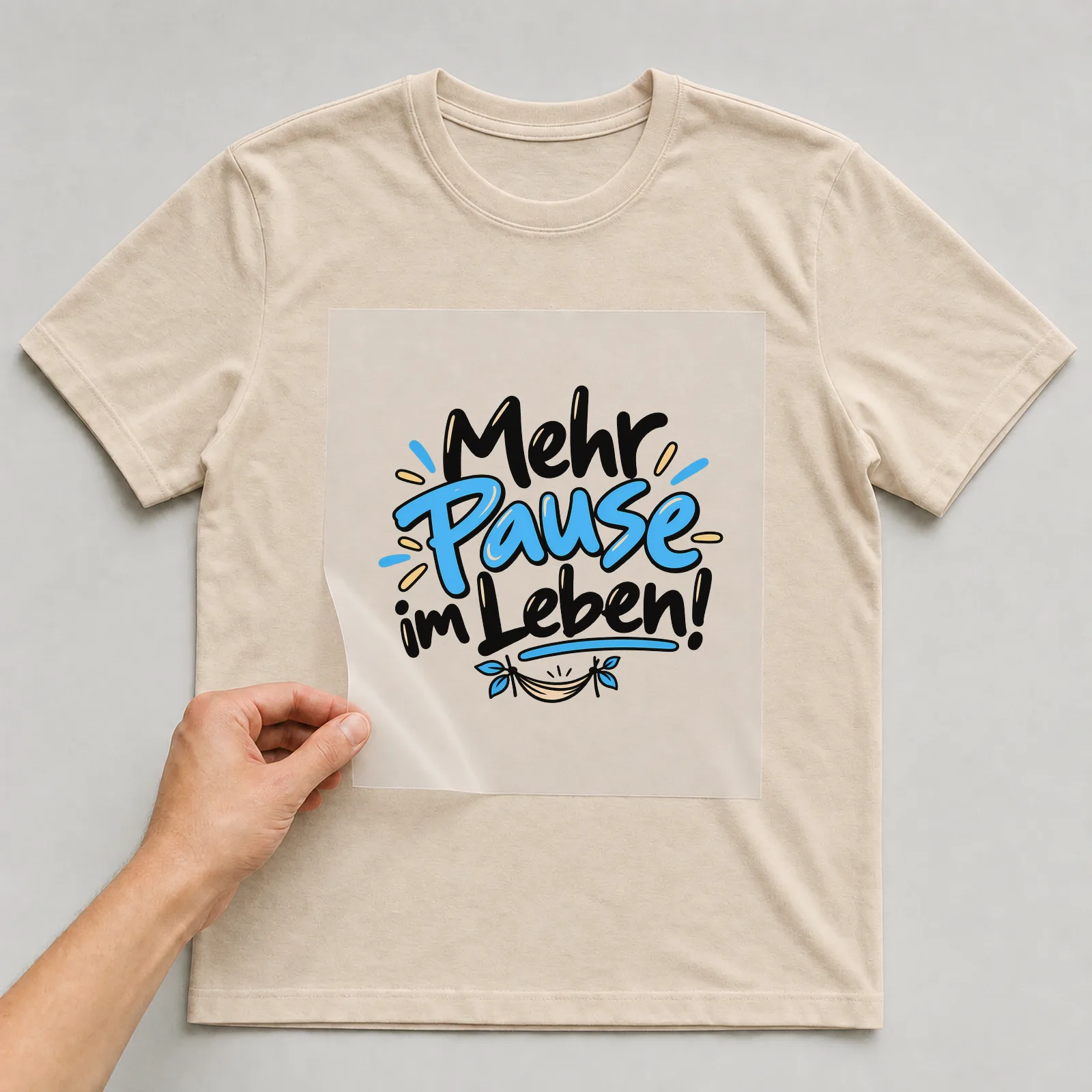 Bügelbild „Mehr Pause im Leben!“ auf beigem T-Shirt, Folie wird aufgelegt