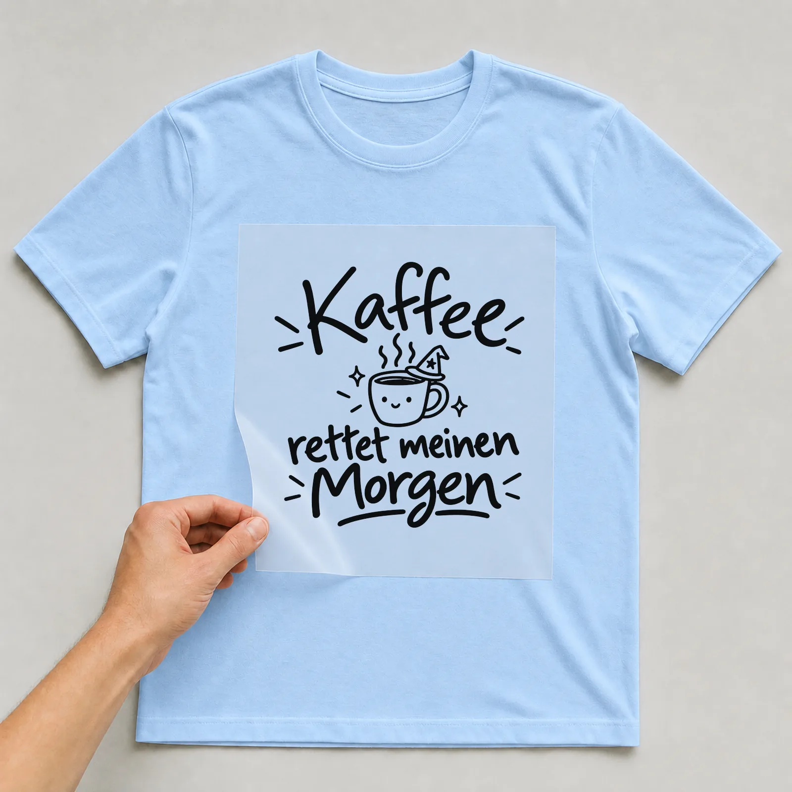 Bügelbild „Kaffee rettet meinen Morgen“ auf hellblauem T-Shirt, Folie wird aufgelegt
