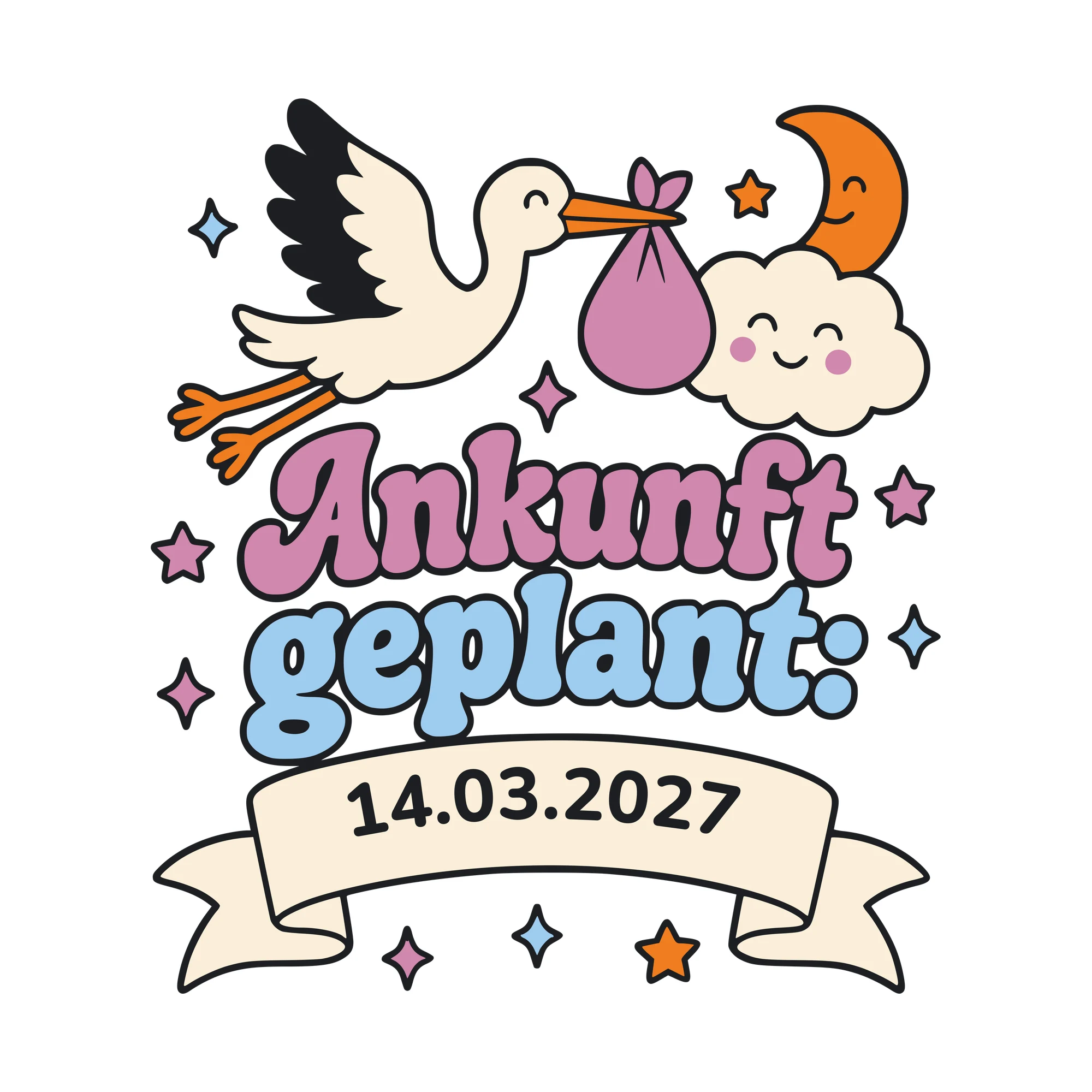Bügelbild Ankunft geplant mit Datum als Grafik auf weißem Hintergrund (BB010552)