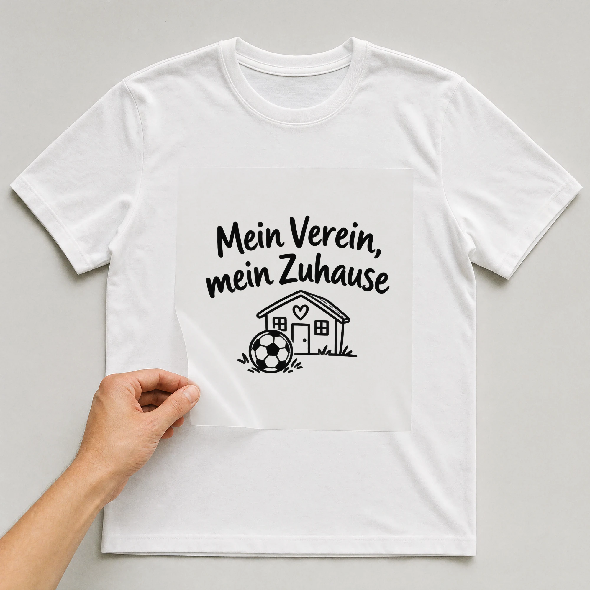 Bügelbild „Mein Verein, mein Zuhause“ auf weißem T-Shirt, Folie wird aufgelegt